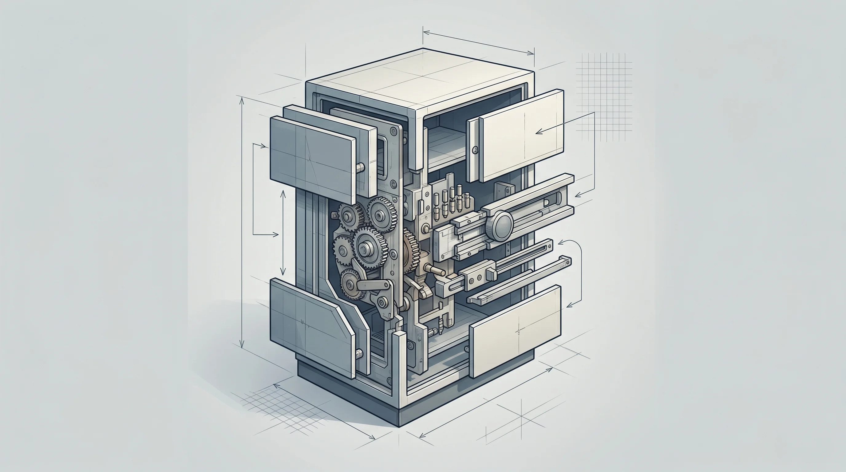 Digital illustration for article section "Crowded, But Not Yet Saturated" in "Aurm Raises $4.4M to Disrupt India's Bank Locker Market" - A clean, minimal composition featuring a modern automated smart vault and digital bank locker system...
