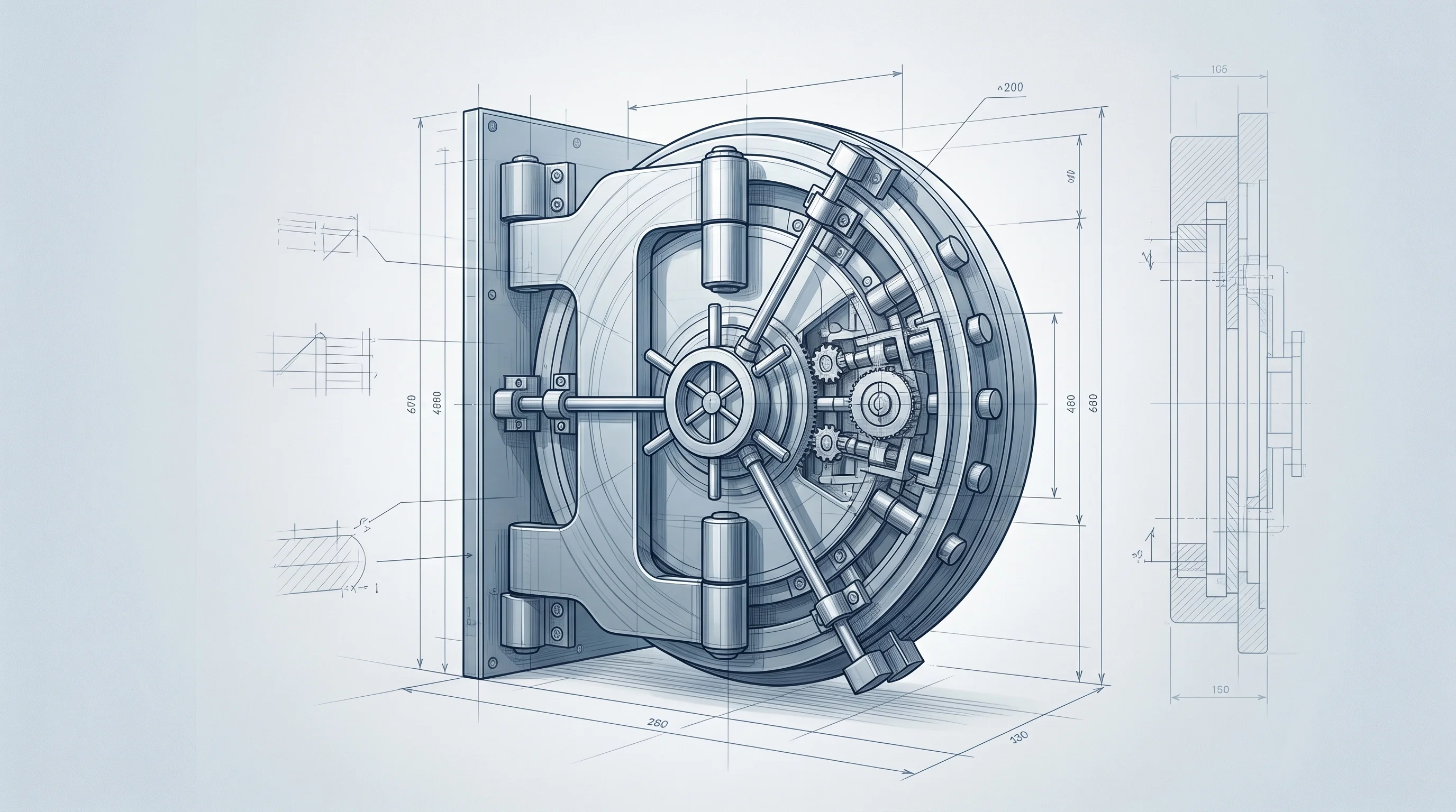 Digital illustration for article section "The Unanswered Questions" in "Aurm Raises $4.4M to Disrupt India's Bank Locker Market" - A clean, minimalist composition featuring a modern, high-security modular vault door as the single s...