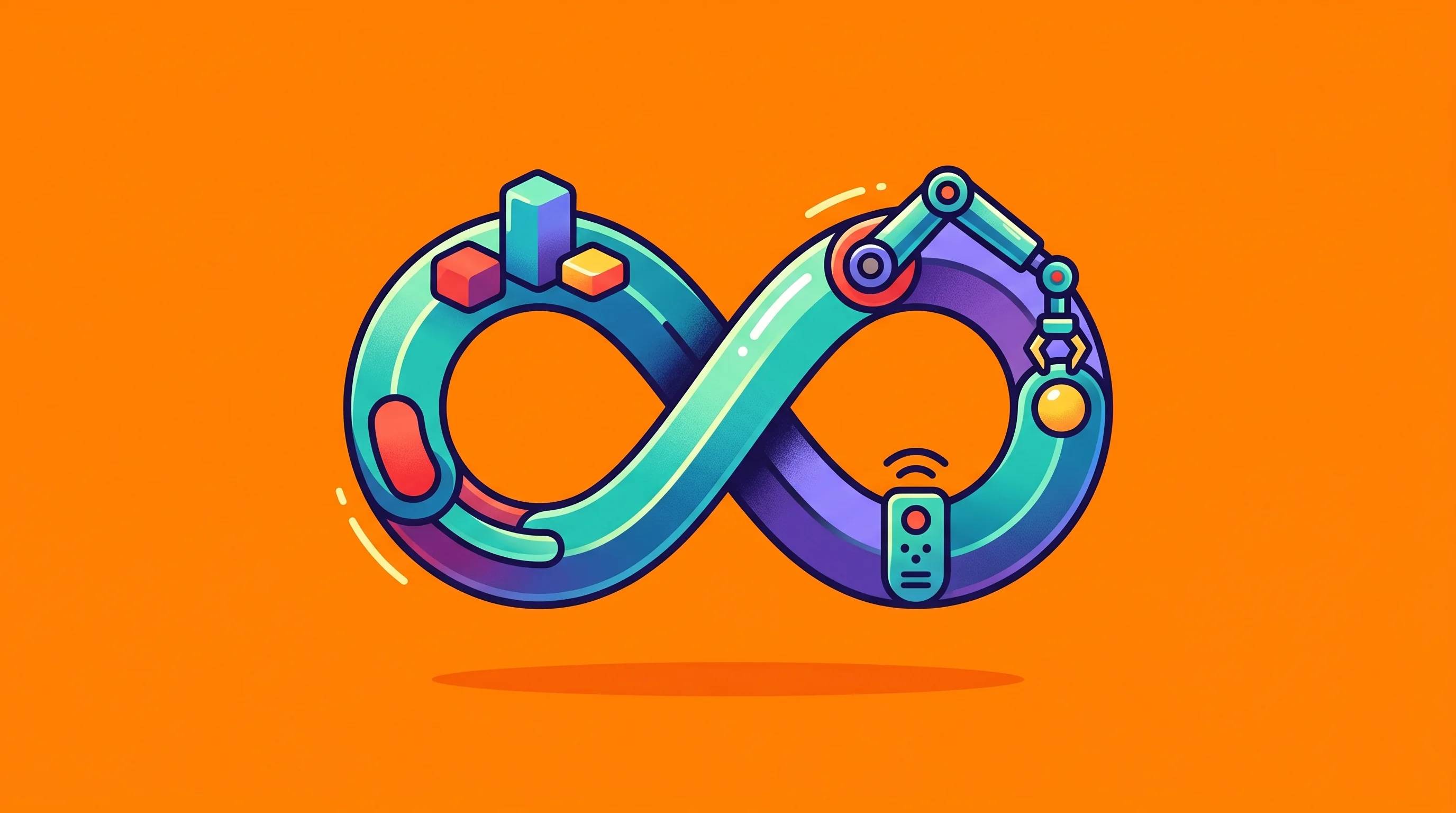Digital illustration for article section "The Flywheel, In Theory and Practice" in "PrismaX Launches Robot Teleoperation Platform with a16z Backing" - A stylized, dynamic illustration of a conceptual flywheel representing a continuous loop of AI train...