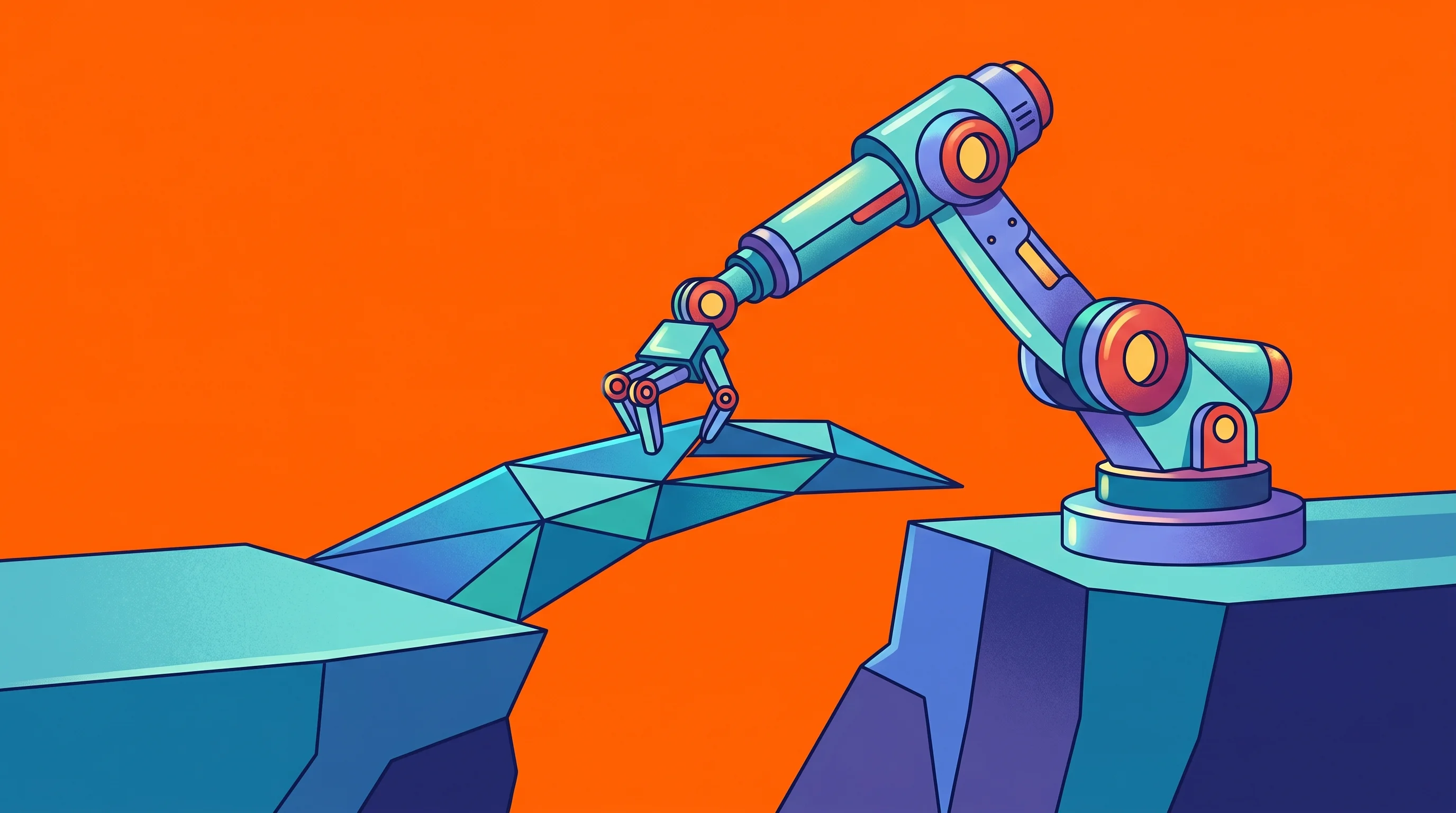 Digital illustration for article section "Timing the Infrastructure Wave" in "PrismaX Launches Robot Teleoperation Platform with a16z Backing" - A sleek, modern robotic arm gracefully extending a geometric bridge across a stylized chasm, concept...