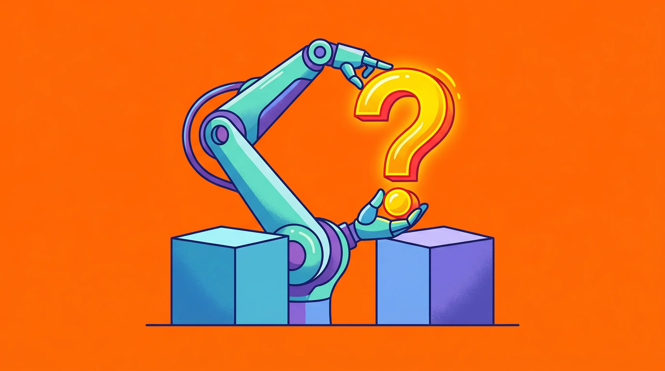 Digital illustration for article section "The Unquantified Question" in "PrismaX Launches Robot Teleoperation Platform with a16z Backing" - A sleek, modern robotic arm gracefully interacting with a large, stylized question mark, poised betw...