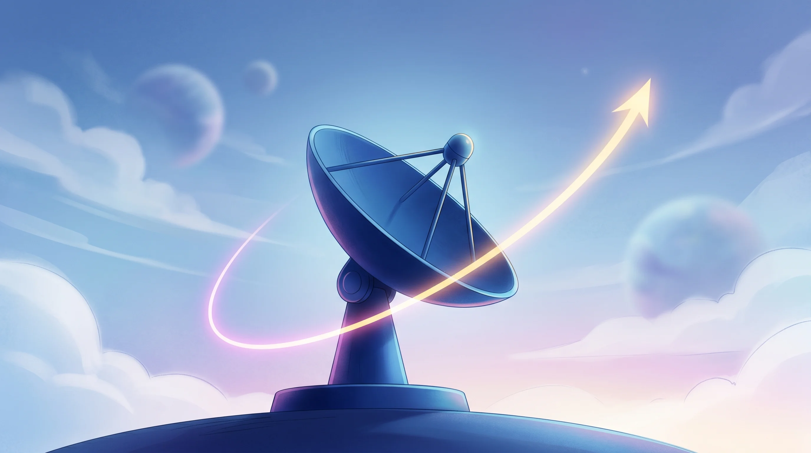 Digital illustration for article section "Leanspace, Two Days Earlier" in "Quindar Raises $18M Series A to Build Classified Space Ops Center" - A sleek, minimalist satellite ground station dish pointing upward toward a dreamy, expansive sky, se...