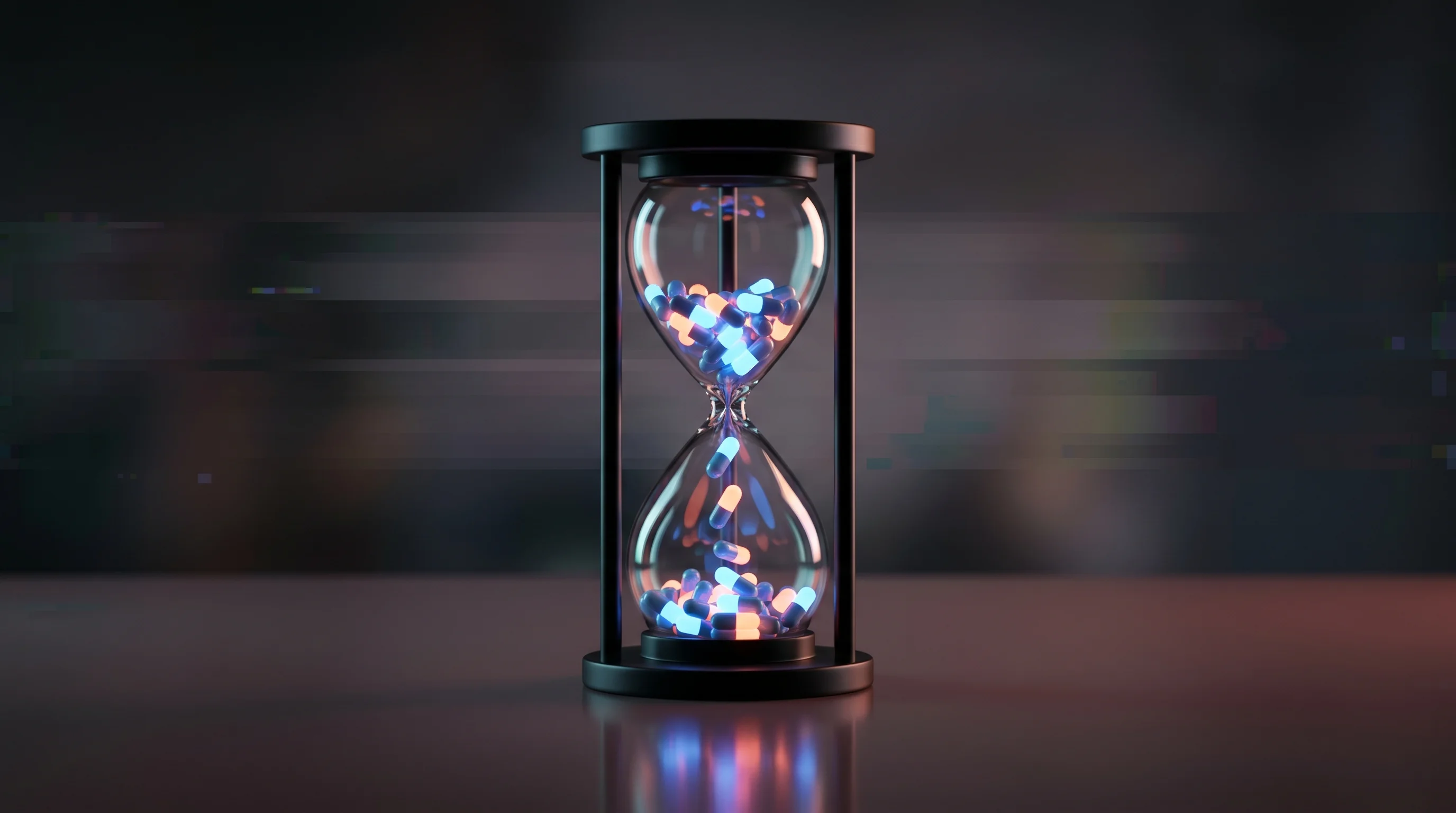Digital illustration for article section "The Clinical Clock Starts Now" in "Brano Therapeutics Raises $6.8M Seed for Heart Failure Drugs" - A sleek, modern, minimalist hourglass stands on a polished, uncluttered laboratory surface, serving ...