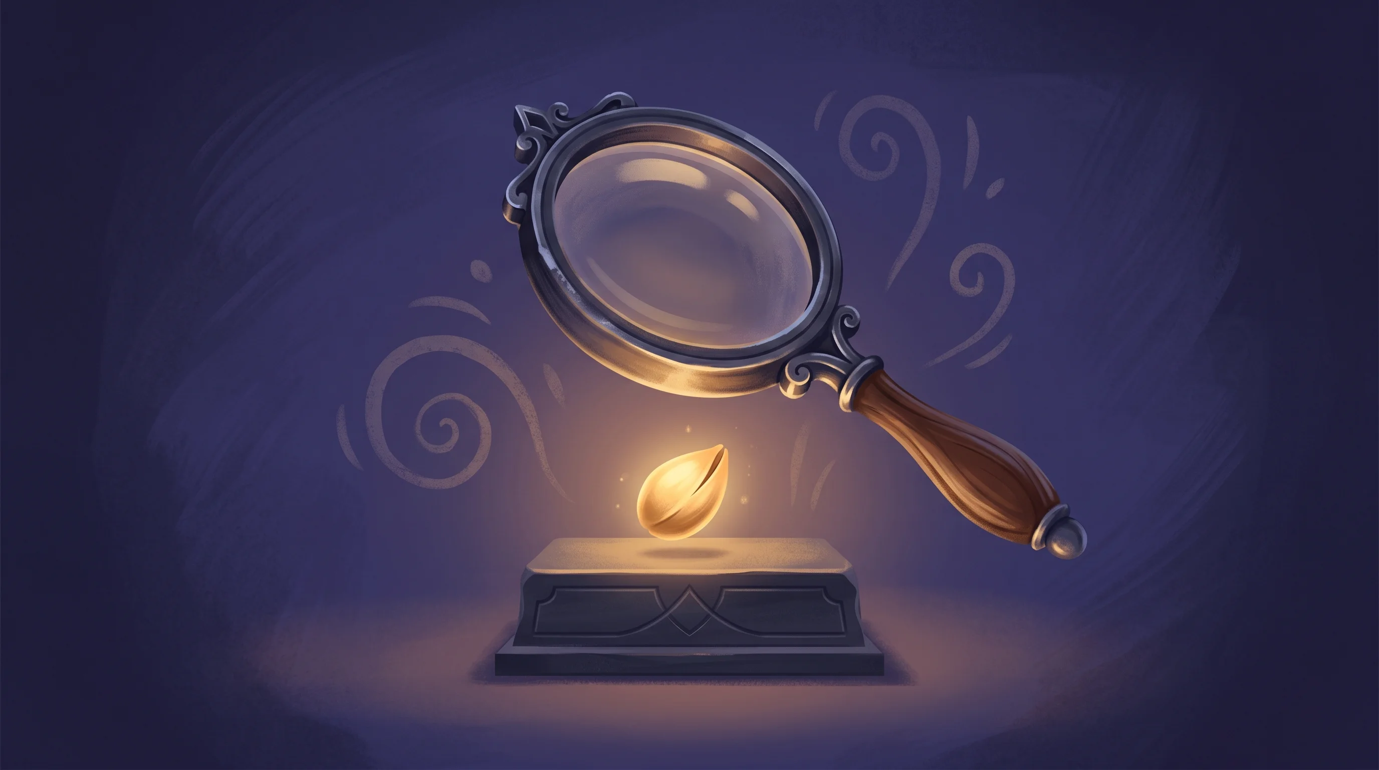 Digital illustration for article section "Not Exactly a Neutral Host" in "YC's First India Hackathon Offers Direct Partner Access to Winners" - A stylized, oversized magnifying glass elegantly hovering over a softly glowing golden seed resting ...