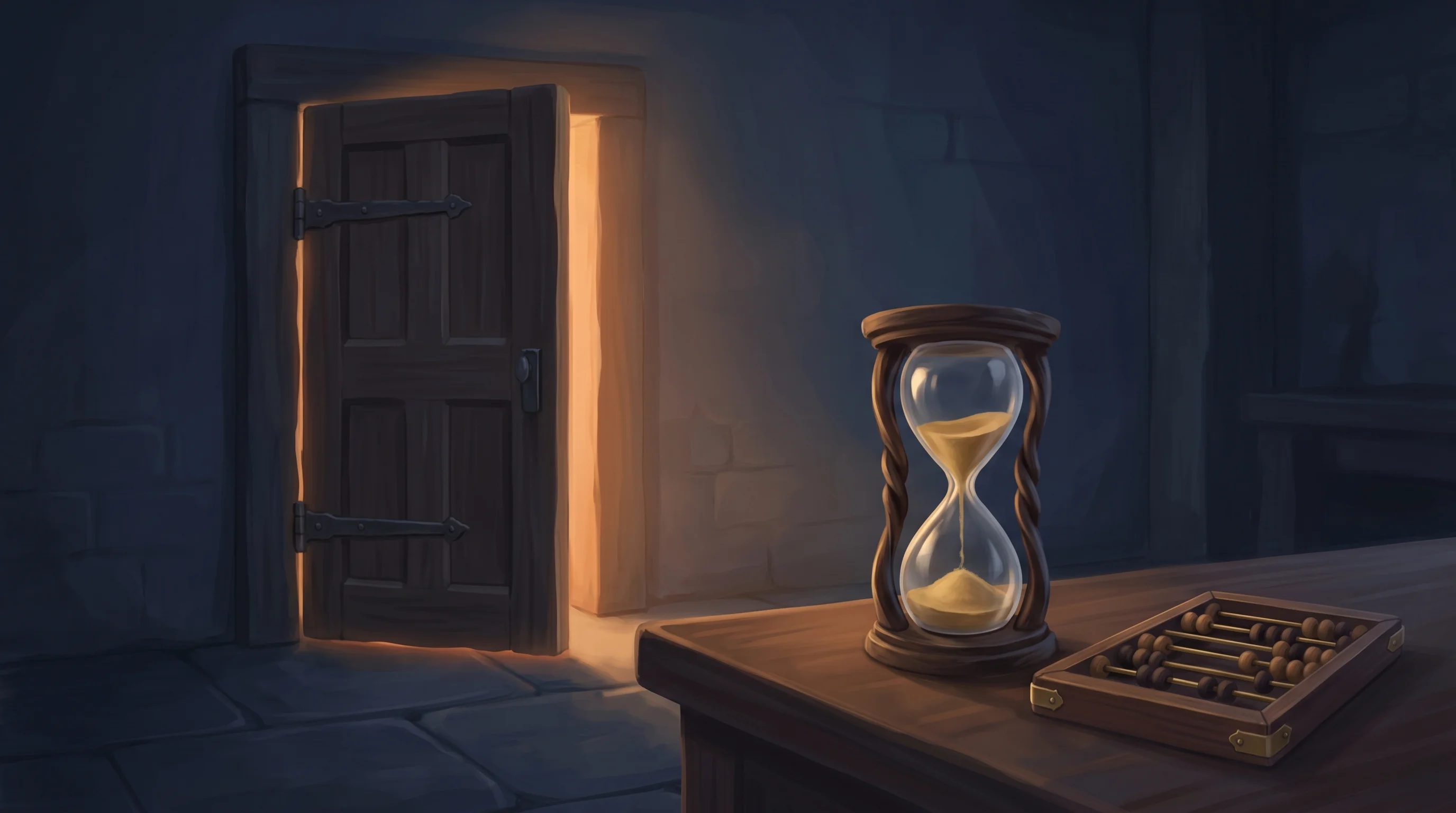 Digital illustration for article section "A Slightly Different Calculus" in "YC's First India Hackathon Offers Direct Partner Access to Winners" - A minimal and uncluttered digital illustration featuring a heavy, ornate wooden door slightly cracke...