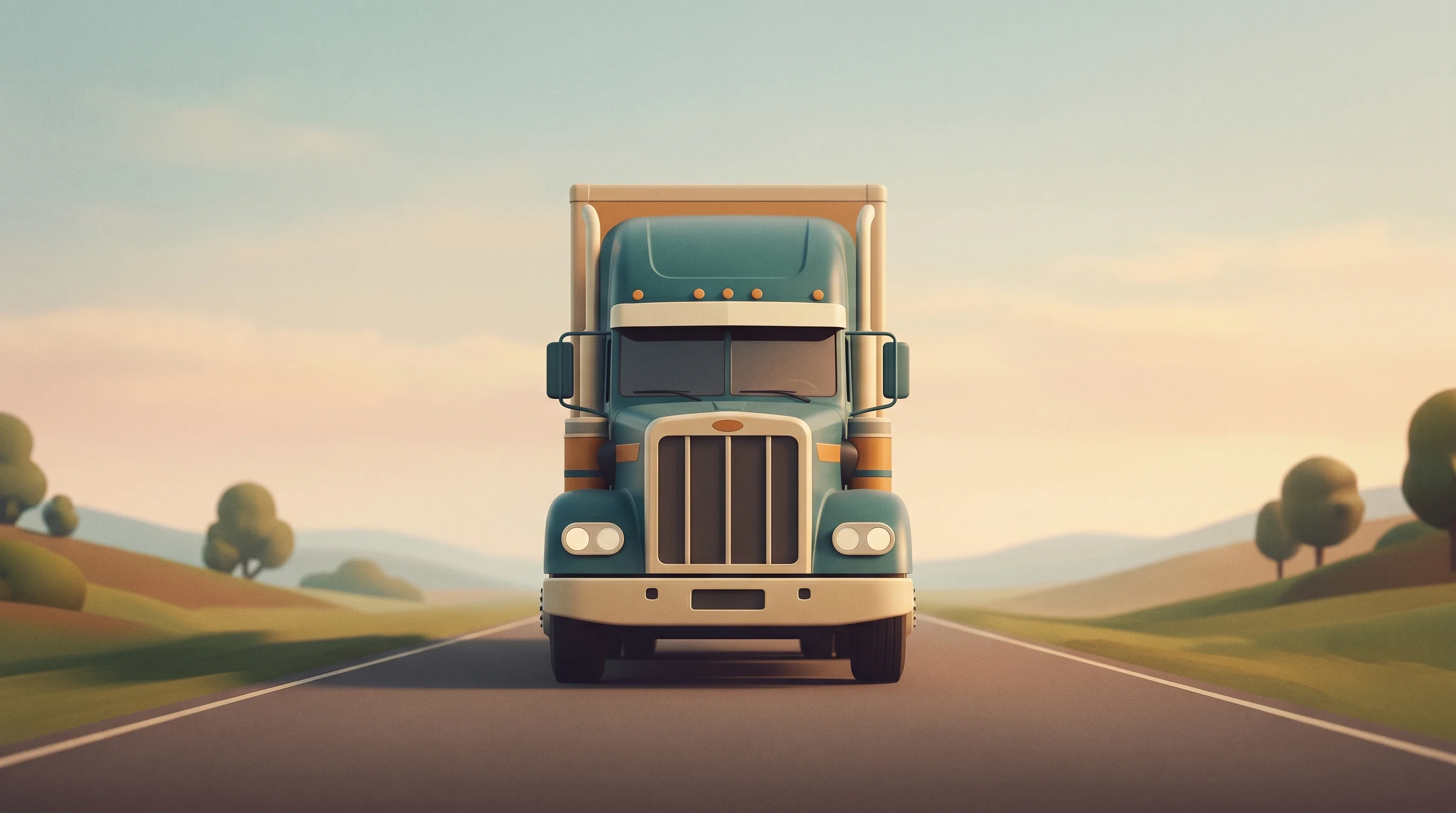 Digital illustration for article section "Trucking and Other Ambitions" in "Corgi Hits $1.3B Valuation Just 4 Months After Series A" - A clean, minimalist composition of a stylized commercial semi-truck viewed from a striking, symmetri...