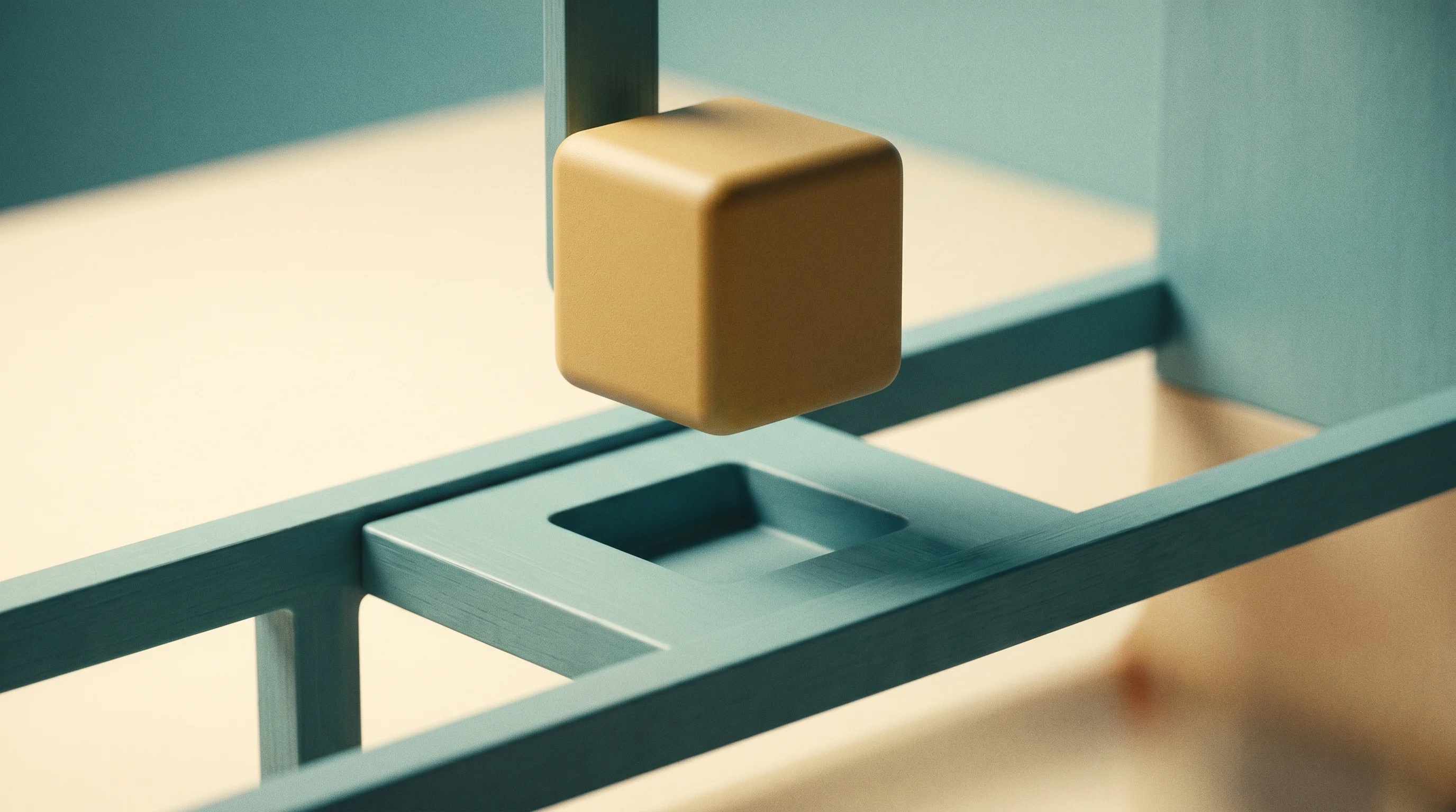 Digital illustration for article section "Different Bets, Different Strategies" in "AI Agents Go Visual: The Race to Build Real-Time Video Calls" - A conceptual, minimalist still life featuring a beautifully crafted, tactile modular block suspended...