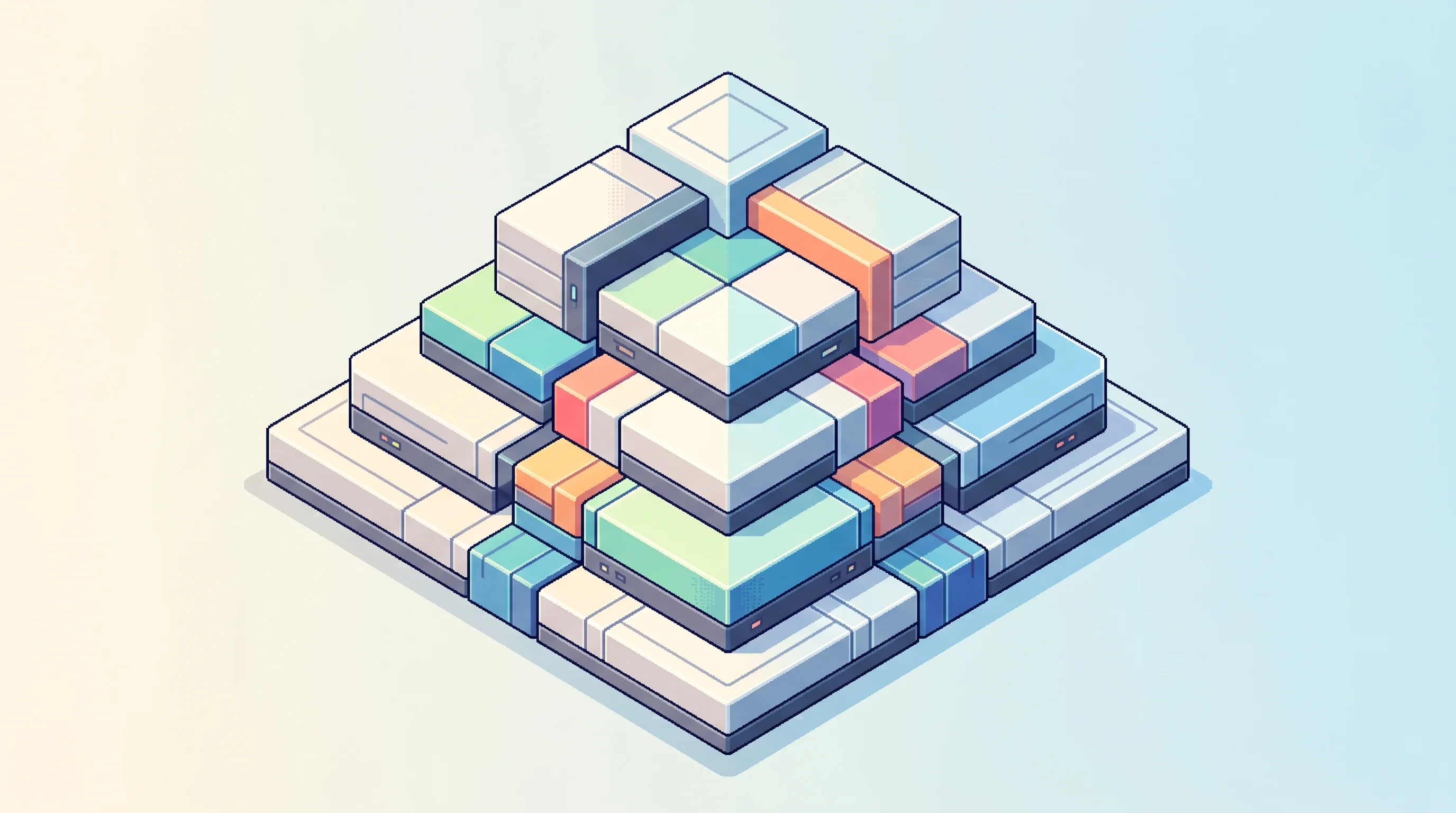 Digital illustration for article section "The Infrastructure Maturity Behind the Movement" in "AI-Powered Micro-Startups Hit $300K ARR With 90% Margins, No VC" - A clean, minimalist top-down isometric view of a sophisticated, multi-tiered architectural foundatio...