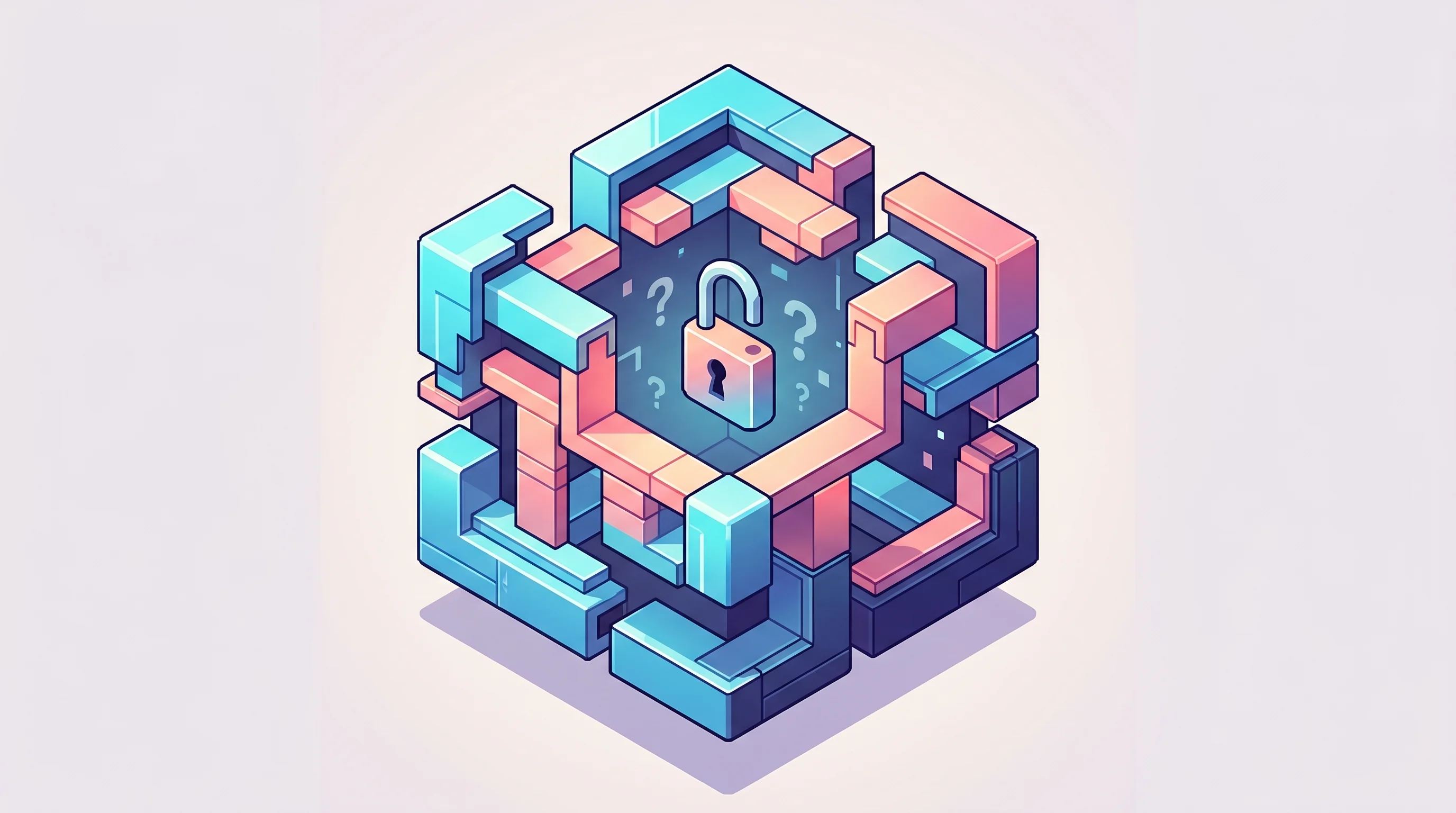 Digital illustration for article section "The Unresolved Questions" in "AI-Powered Micro-Startups Hit $300K ARR With 90% Margins, No VC" - A clean, minimal conceptual illustration of a meticulously crafted, floating architectural puzzle bo...