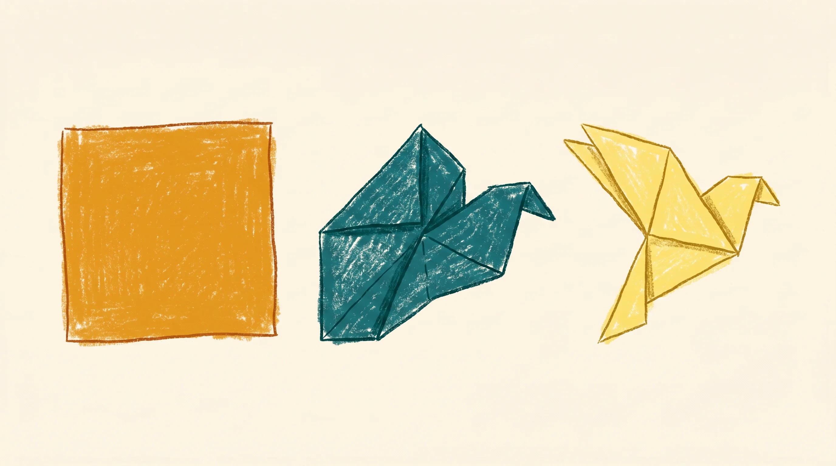 Digital illustration for article section "An iterative process" in "Insurers Rush to Cover AI Risks as Startups Launch Liability Products" - A conceptual and minimalist illustration showing three origami paper shapes in progressive stages of...
