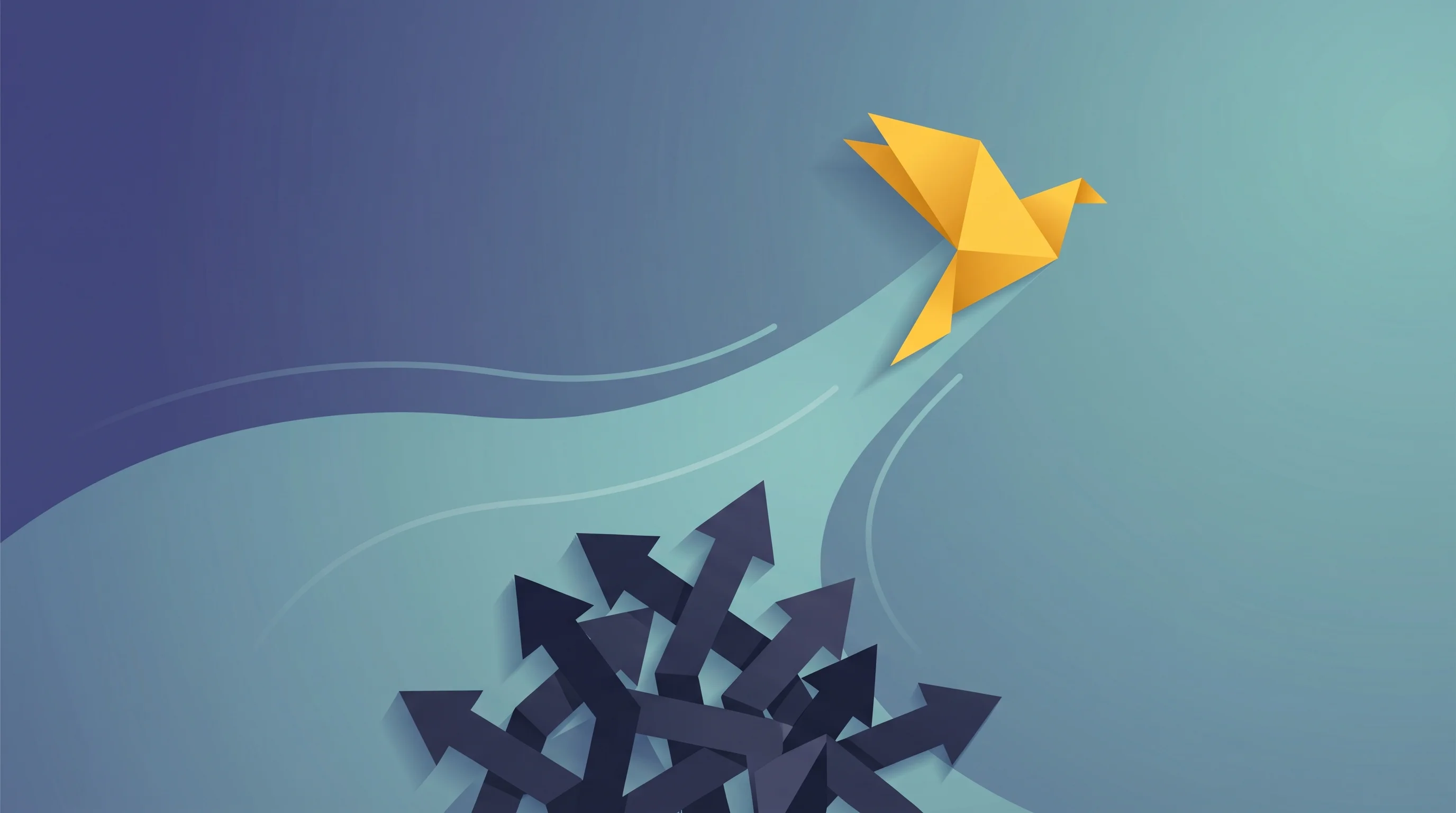 Digital illustration for article section "The Counternarrative" in "The Chartio Story: How a $3.15M Series A Built a BI Pioneer" - A conceptual illustration of a single, bright golden-yellow origami bird soaring steadily upward alo...
