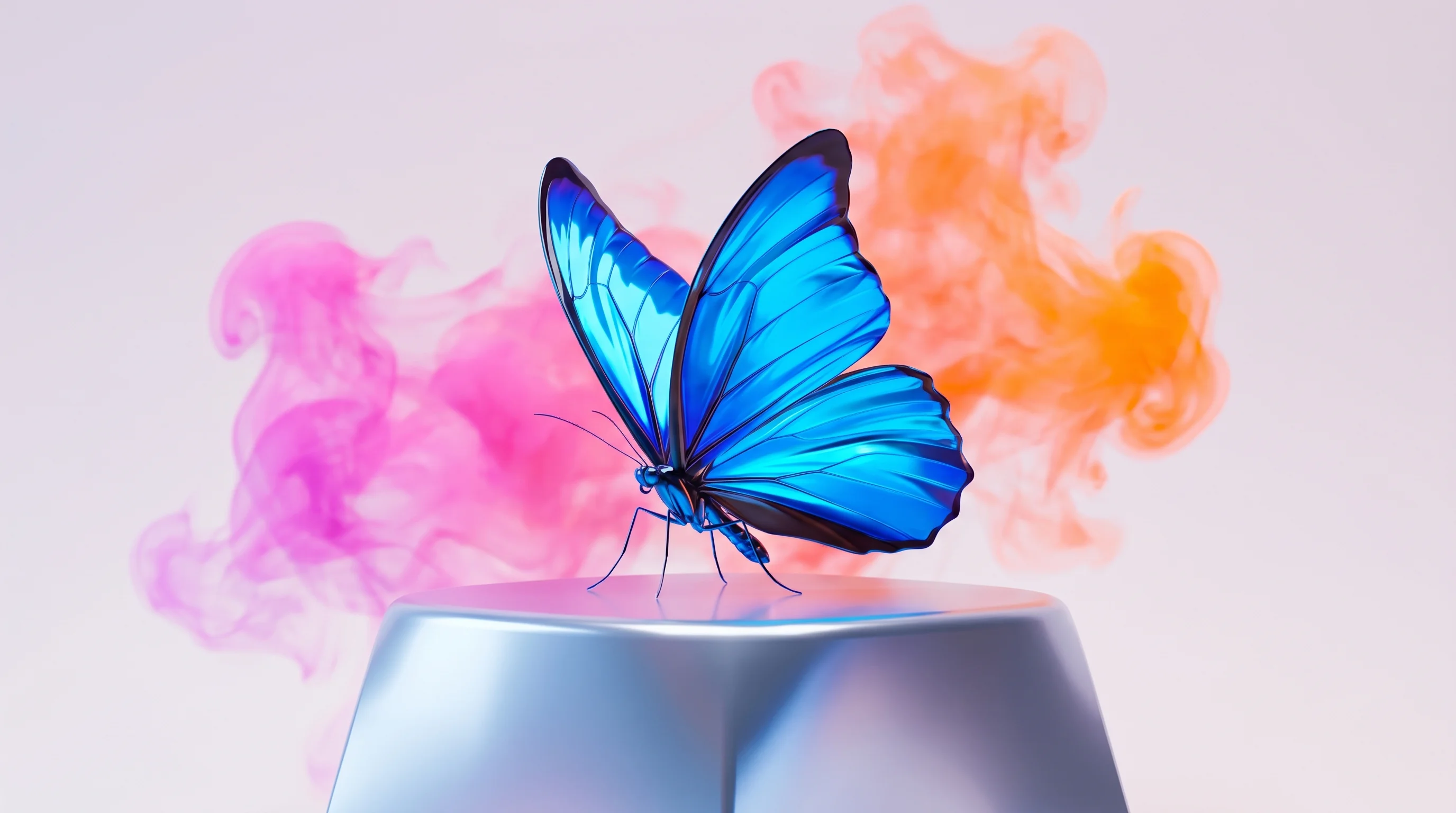 Digital illustration for article section "Enter the Newcomers" in "Blue Morpho's Ontology Engine Tackles Enterprise AI's Trust Crisis" - A striking, minimalist composition featuring a brilliant, stylized blue morpho butterfly gracefully ...