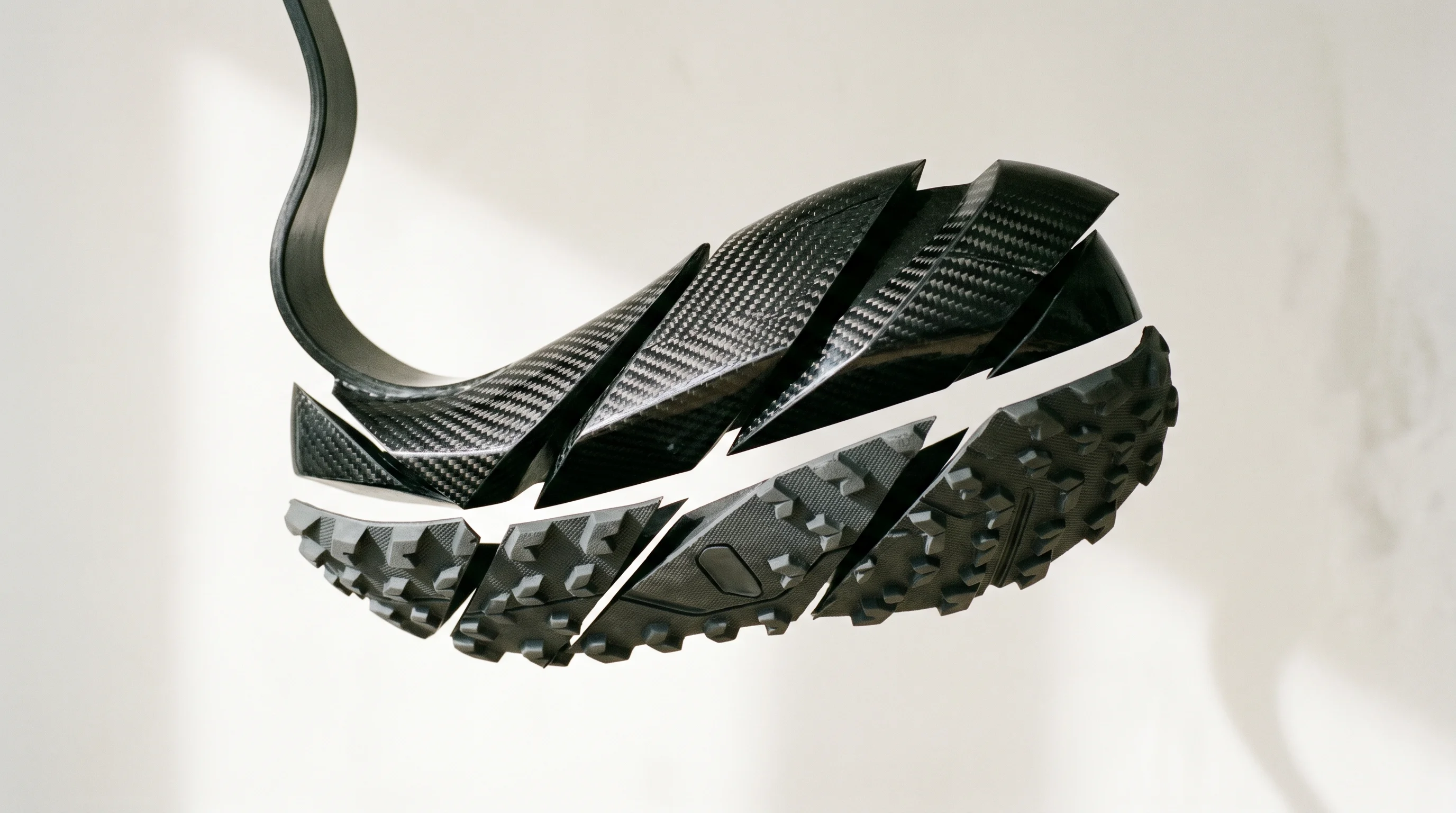 Digital illustration for article section "A Year With Familiar Partners" in "Hopper Unveils OUTSIDER Prosthetic Foot for Everyday Movement" - A minimalist, conceptual still life of a sleek carbon fiber prosthetic running blade seamlessly inte...