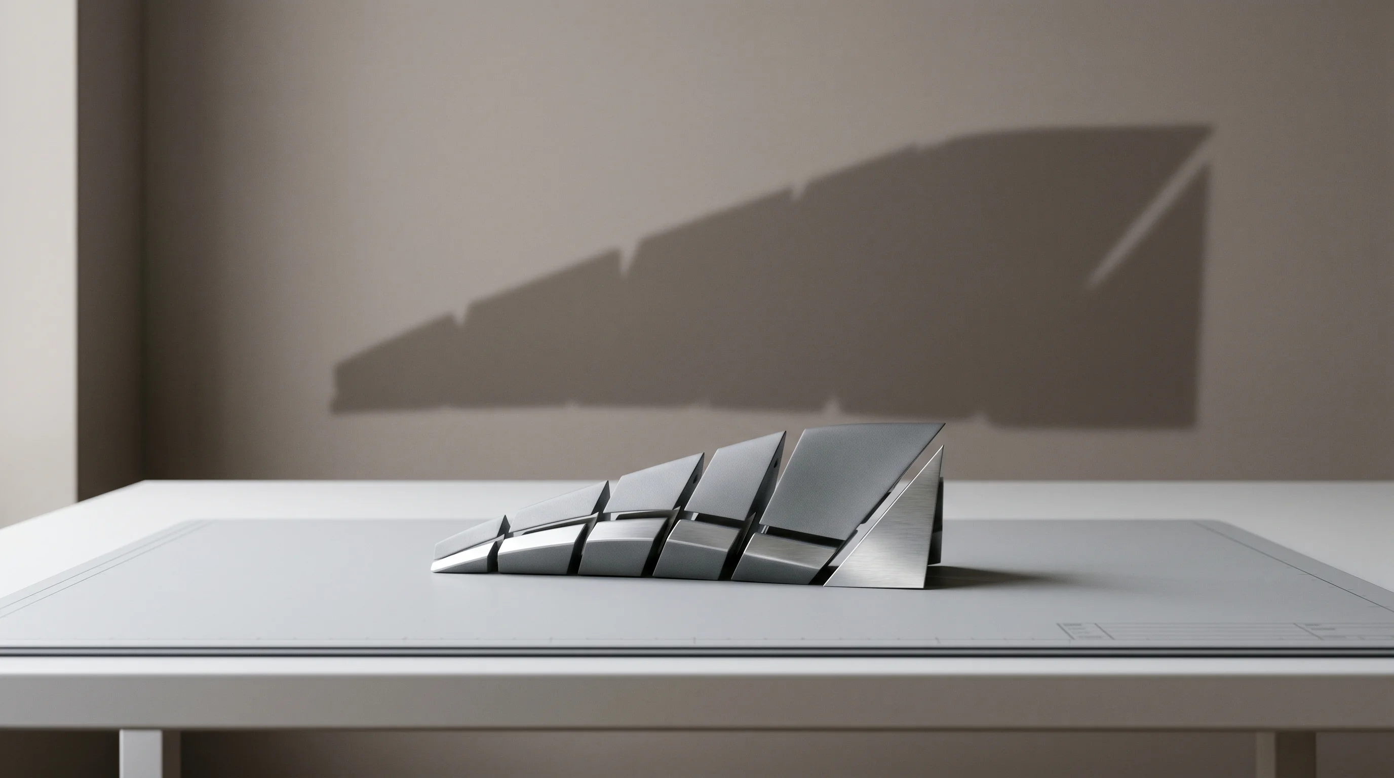 Digital illustration for article section "Small Company, Big Ambitions" in "Hopper Unveils OUTSIDER Prosthetic Foot for Everyday Movement" - A minimalist, conceptual engineering prototype of a sleek aerodynamic component resting on a clean, ...