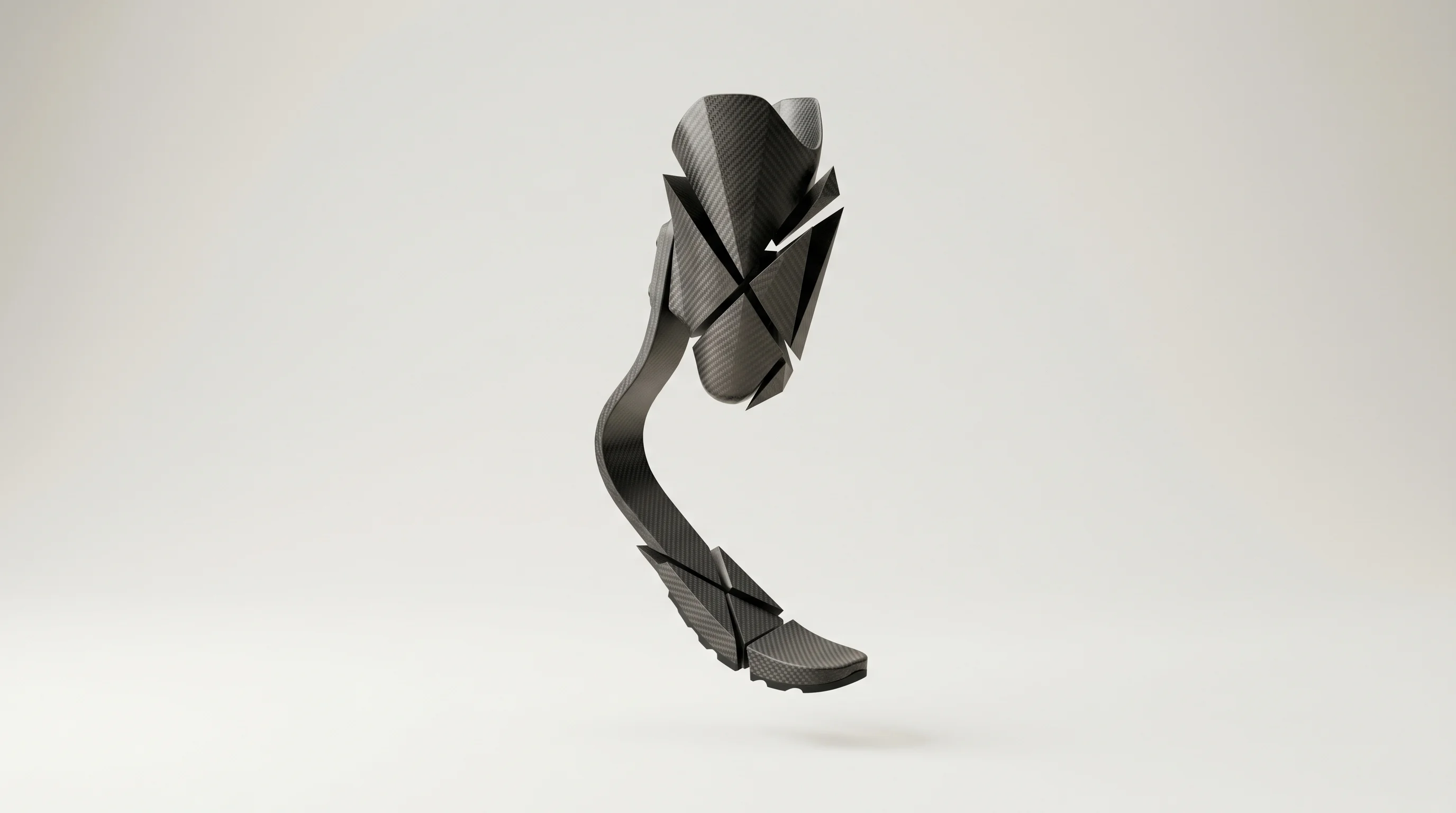 Digital illustration for article section "The Practical Questions" in "Hopper Unveils OUTSIDER Prosthetic Foot for Everyday Movement" - A sleek, modern carbon fiber prosthetic running blade suspended against a soft, uncluttered, minimal...
