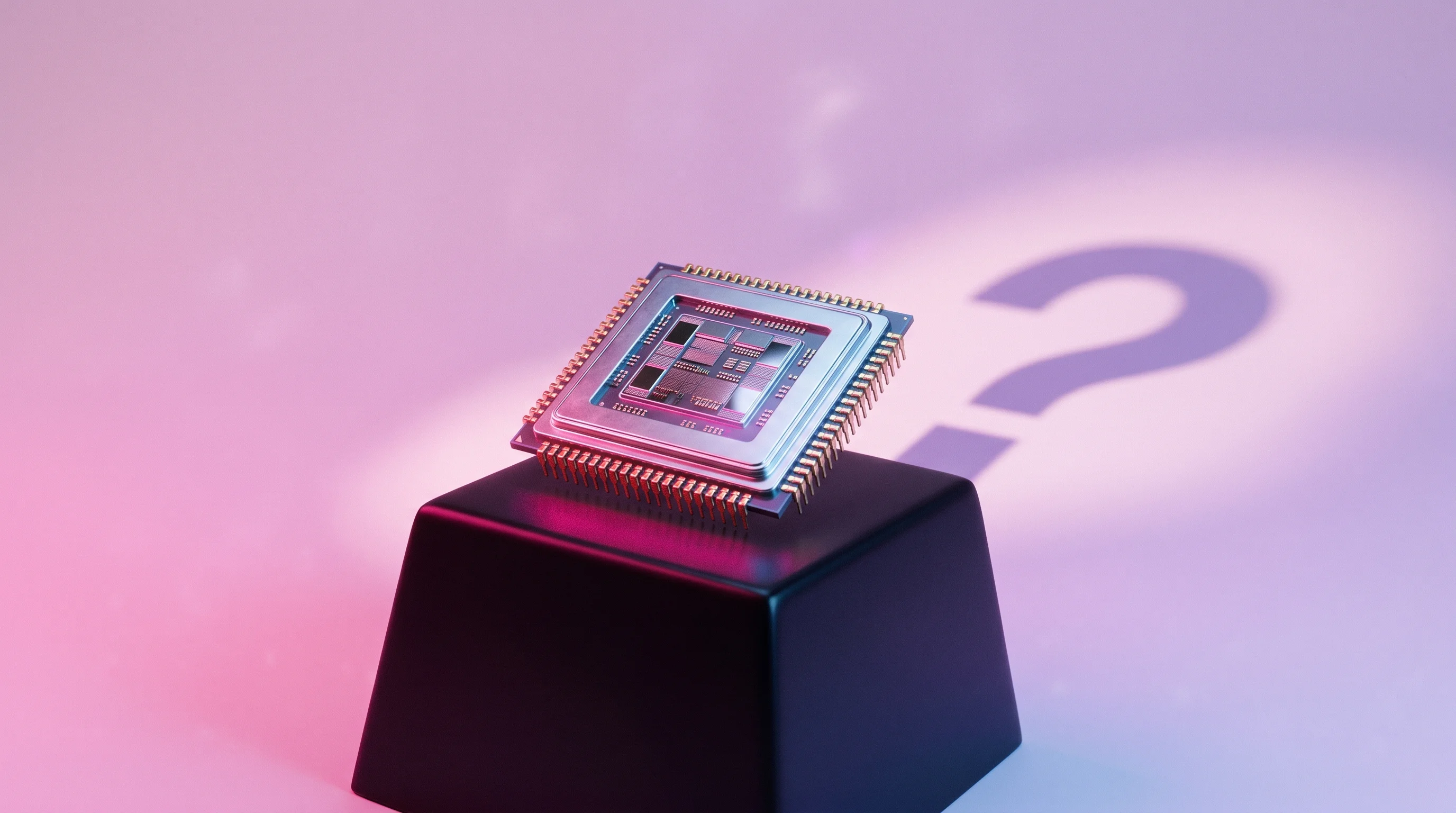 Digital illustration for article section "The Question That $12 Million Won't Answer" in "NASA Warp Drive Physicist Raises $12M for Quantum Energy Chips" - A conceptual, minimalist composition featuring a single, unblemished metallic microchip resting eleg...