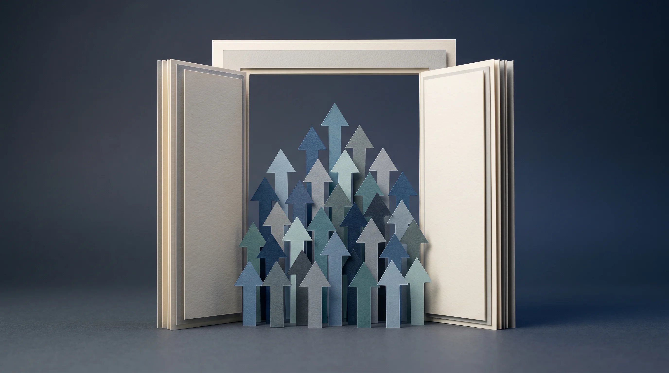Digital illustration for article section "What the Launch Reveals About the Industry" in "Corgi Funds Launches 34 ETFs in Single Day, Shattering Industry Records" - A conceptual 3D papercraft diorama representing lowered barriers in the financial industry, featurin...