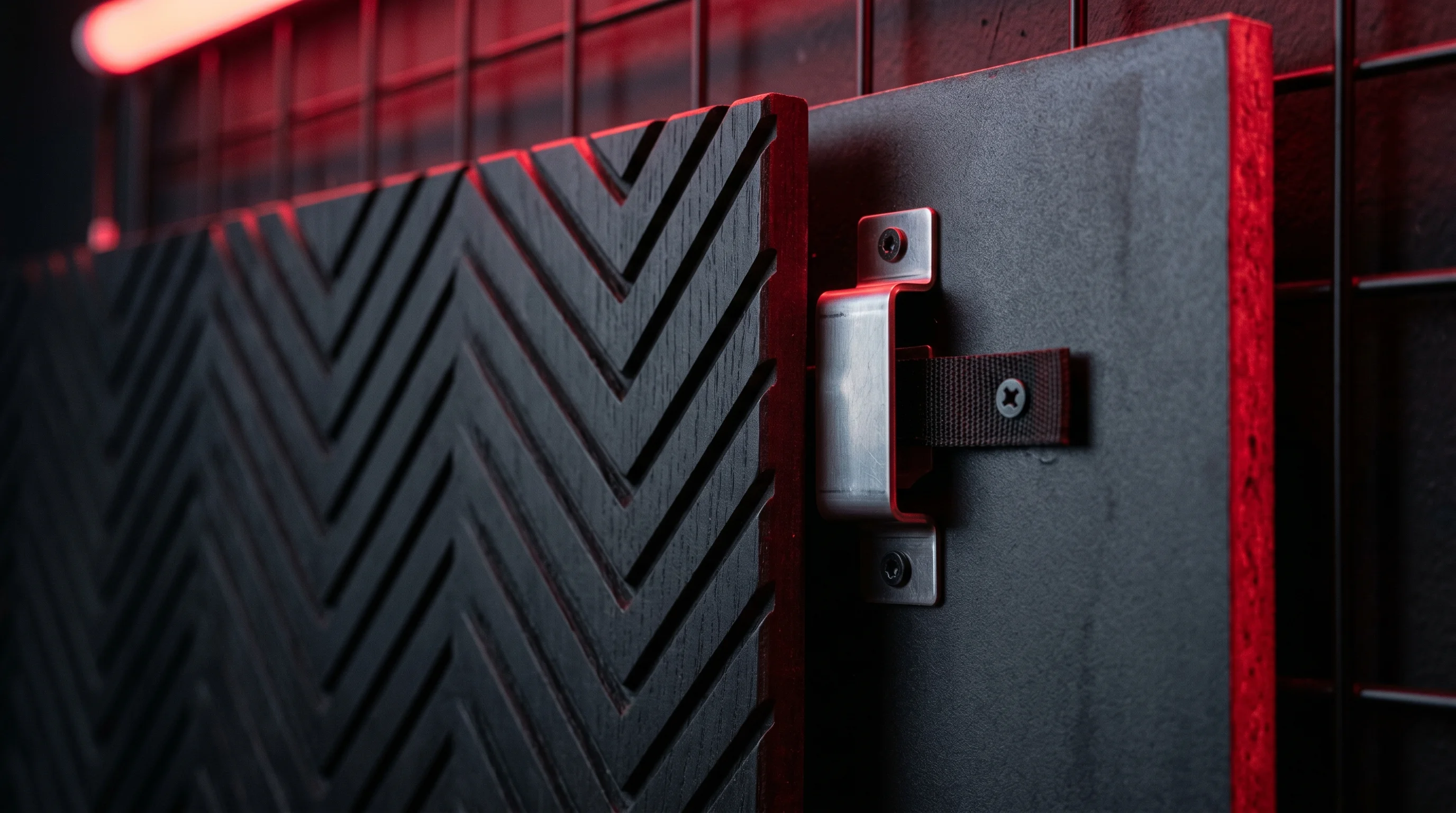Digital illustration for article section "The Fine Print" in "Mogu Launches Kana: Hemp-Based Acoustic Panels for Green Buildings" - A clean, minimalist architectural close-up of a modern textured wall panel featuring a precise V-cut...