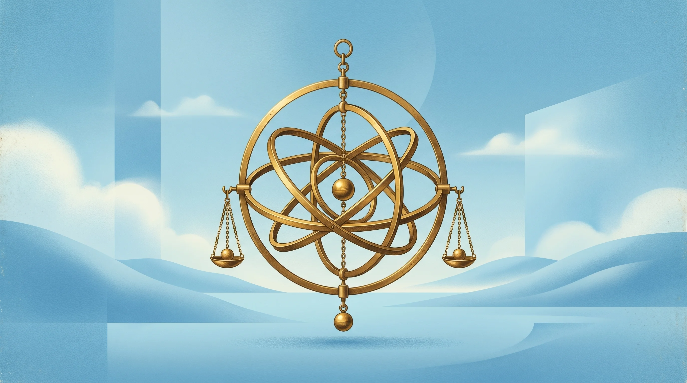 Digital illustration for article section "Proving It Out" in "Augustus Wins OCC Nod to Launch AI-Powered Stablecoin Bank" - A clean, minimal conceptual illustration featuring a finely tuned, perfectly balanced vintage brass ...