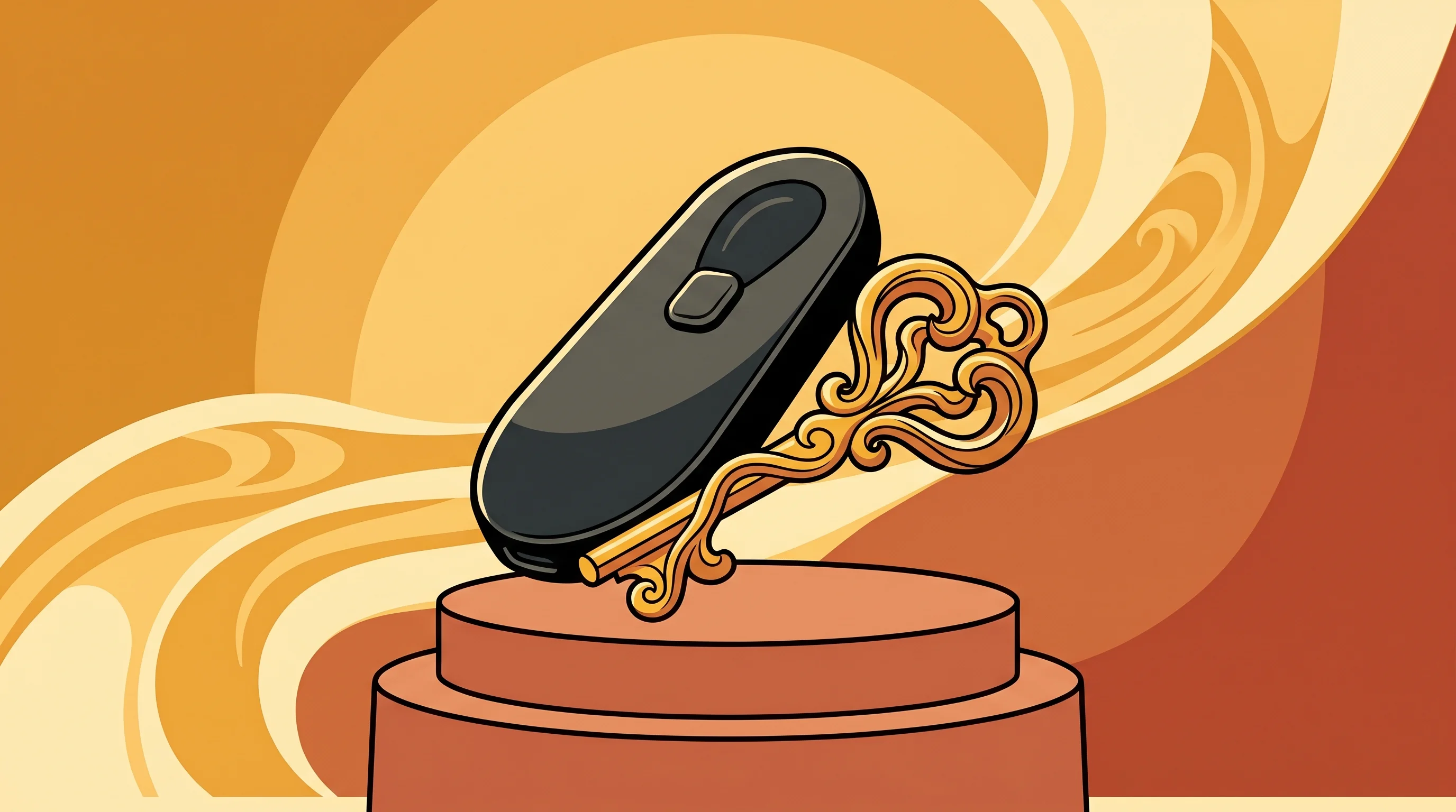 Digital illustration for article section "Who Wins, Who Scrambles" in "SEC Clears Path for DeFi Interfaces Without Broker Registration" - A sleek, minimalist hardware crypto wallet device and an elegant, stylized golden key resting triump...