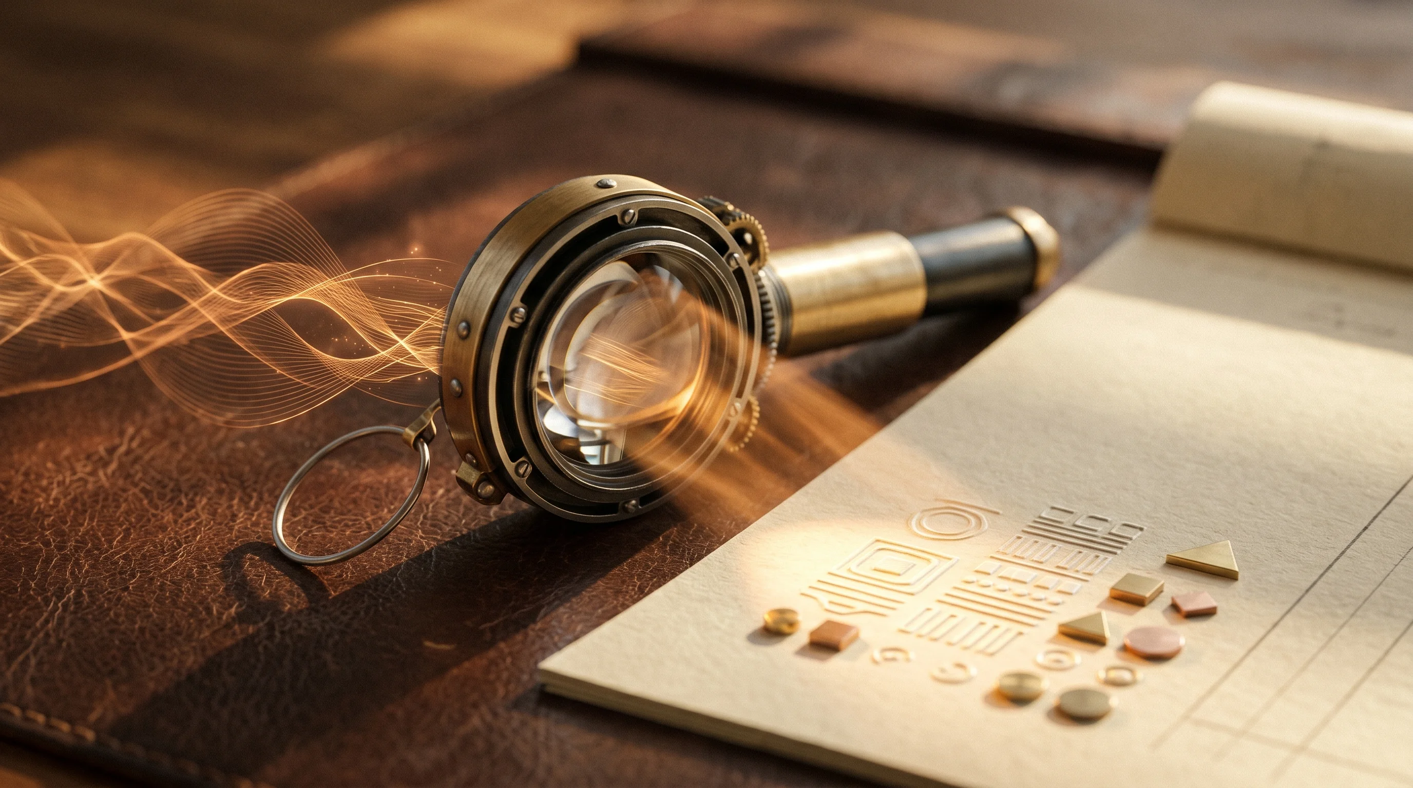 Digital illustration for article section "Observability Meets Monetization" in "Paygentic's $2M Pre-Seed Powers AI Agent Billing Infrastructure" - A minimalist, retro-futuristic mechanical monocle lens resting on a rich, textured leather desk, ser...