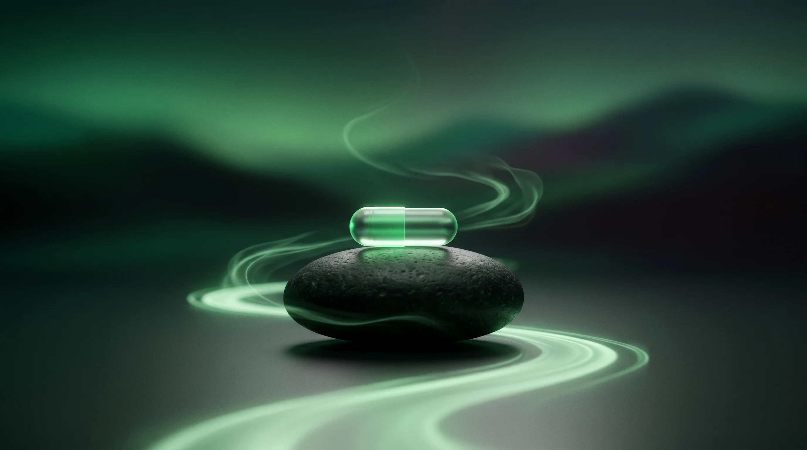 Digital illustration for article section "The Real Test Ahead" in "The Race to Build Programmable DNA Drugs That Target Any Cancer" - A sleek, translucent pharmaceutical capsule rests perfectly balanced on a smooth, dark zen stone, sy...