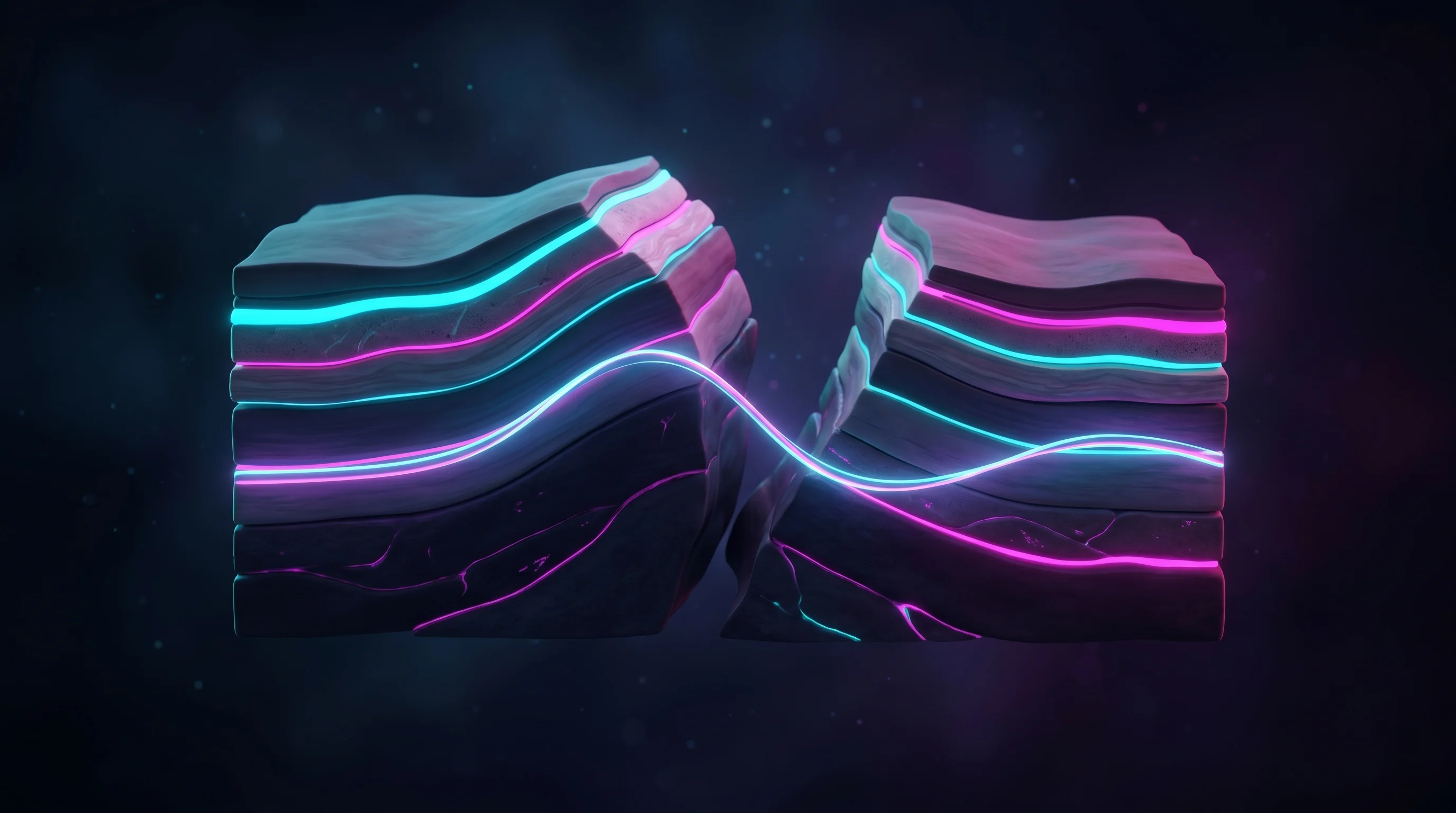 Digital illustration for article section "Strategic Partnerships and Global Ambitions" in "Mantle8 Raises €31M Series A to Unlock Natural Hydrogen Reserves" - A sleek, minimalist, and conceptual 3D rendering of a cross-section of geological earth strata symbo...