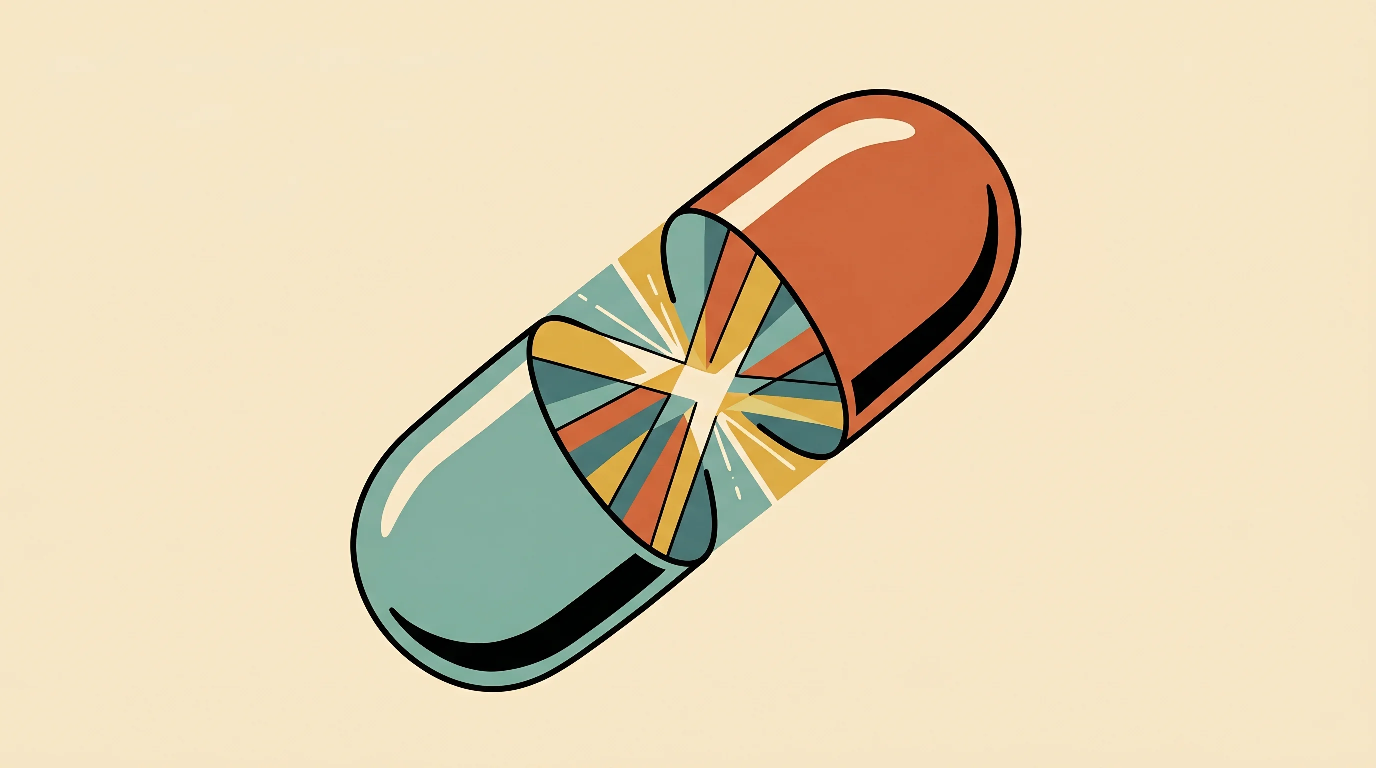 Digital illustration for article section "Adding a Second Quantum Gamble" in "Abbott Leads $55M Round in Quantum Healthcare Startup NVision" - A clean, minimalist conceptual illustration of a large, stylized medicinal capsule gently floating a...