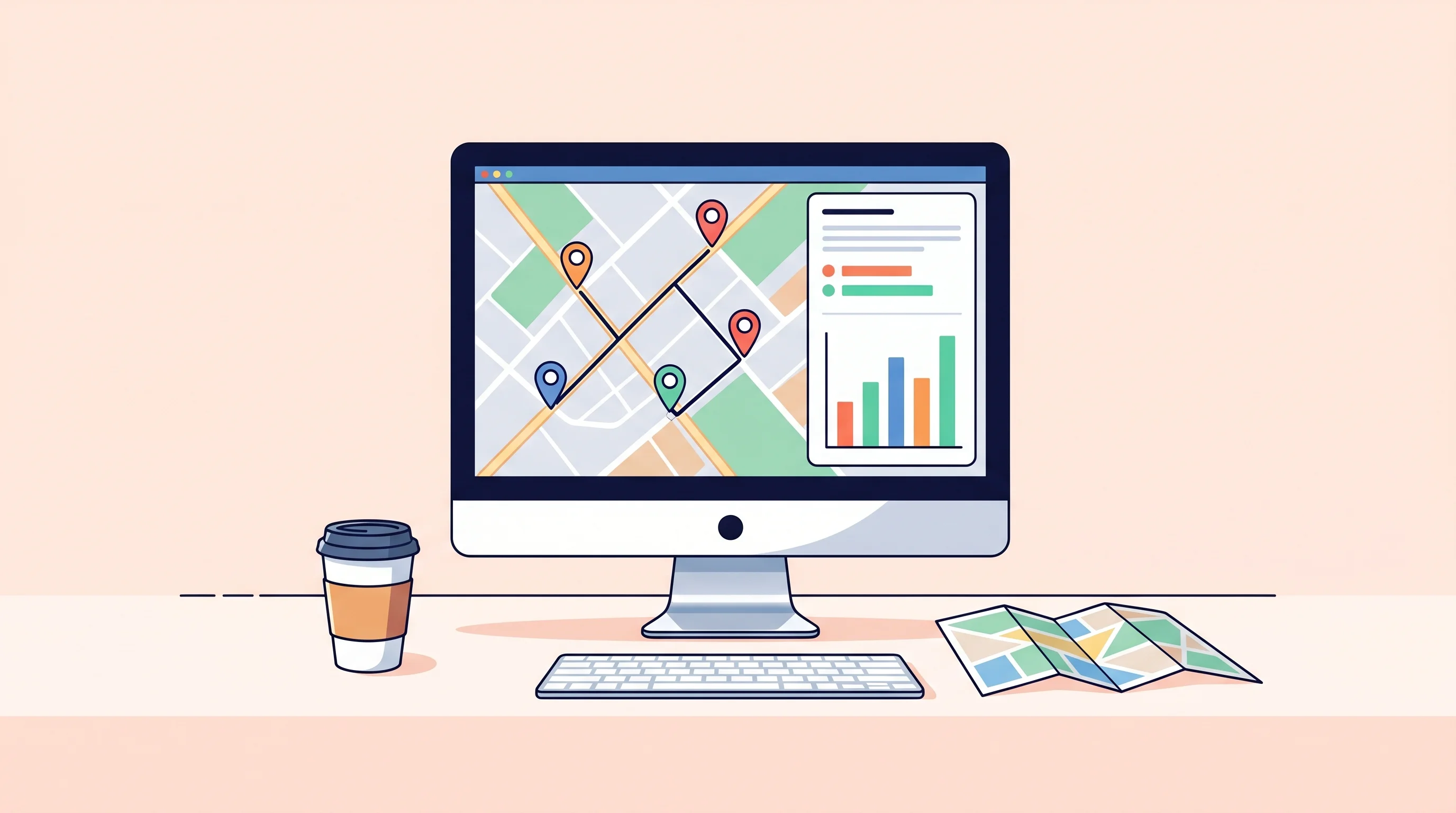 Digital illustration for article section "What the product actually does" in "YC-Backed Dayjob Launches AI Agent for Waste Transport Scheduling" - A clean, minimalist illustration of a modern desktop workstation focused on transport route planning...