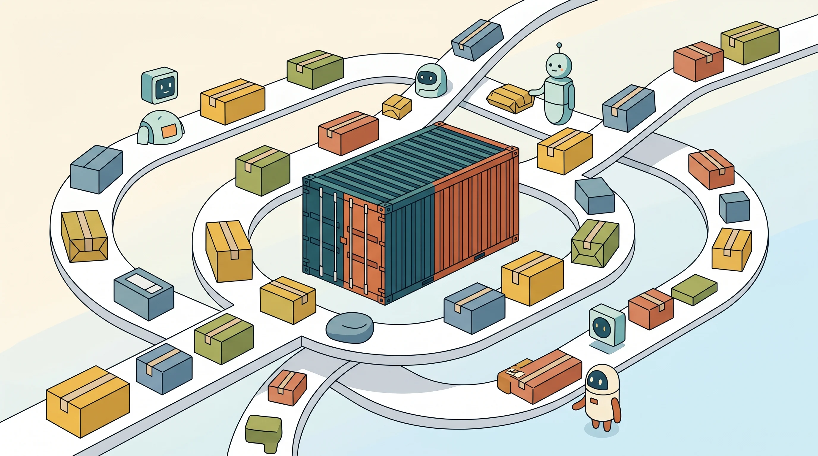 Digital illustration for article section "A crowded moment for logistics AI" in "YC-Backed Dayjob Launches AI Agent for Waste Transport Scheduling" - A conceptual and minimalist illustration representing autonomous logistics software managing a busy ...