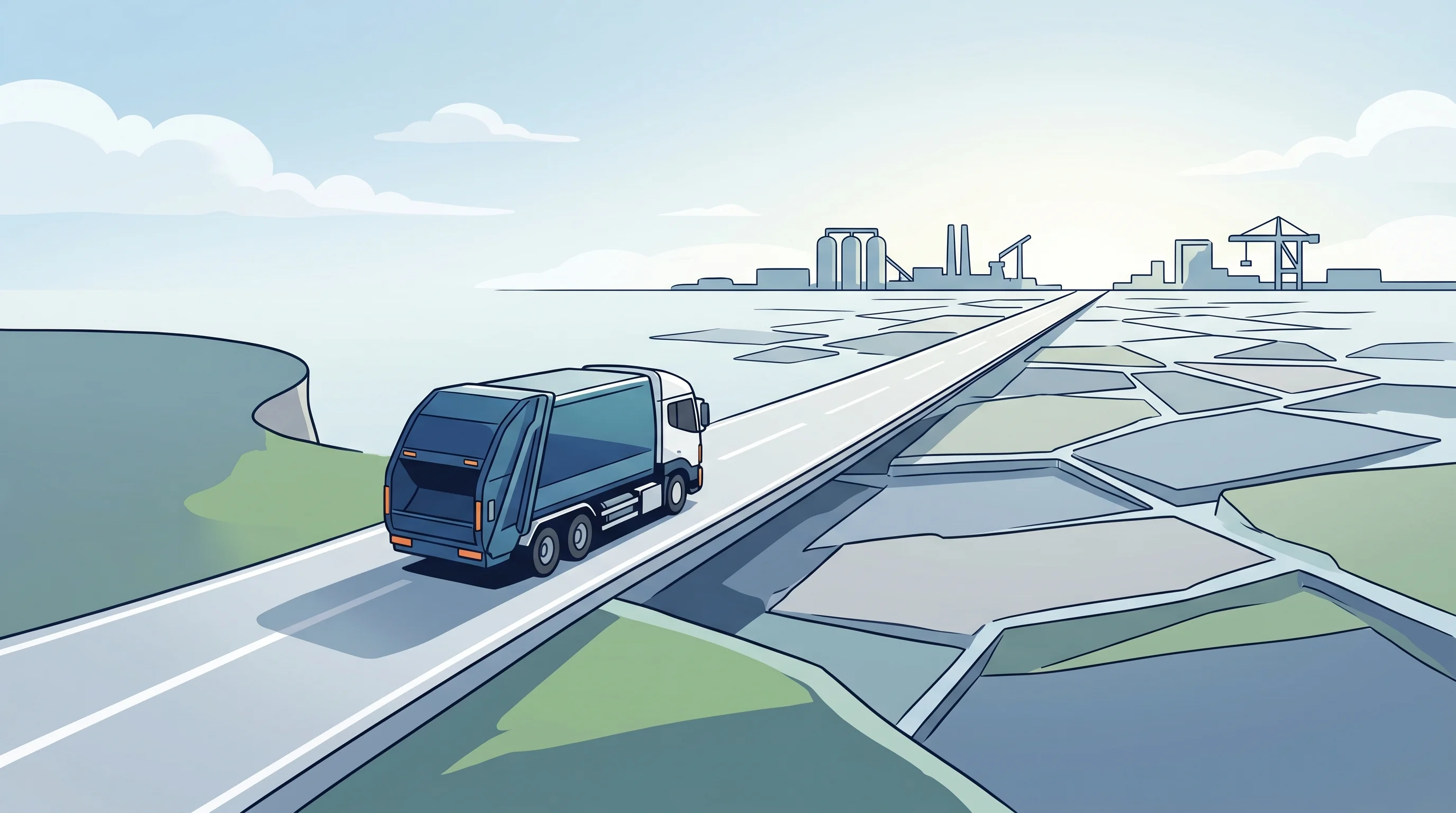 Digital illustration for article section "What comes next" in "YC-Backed Dayjob Launches AI Agent for Waste Transport Scheduling" - A minimalist and conceptual illustration representing the future of industrial logistics and strateg...