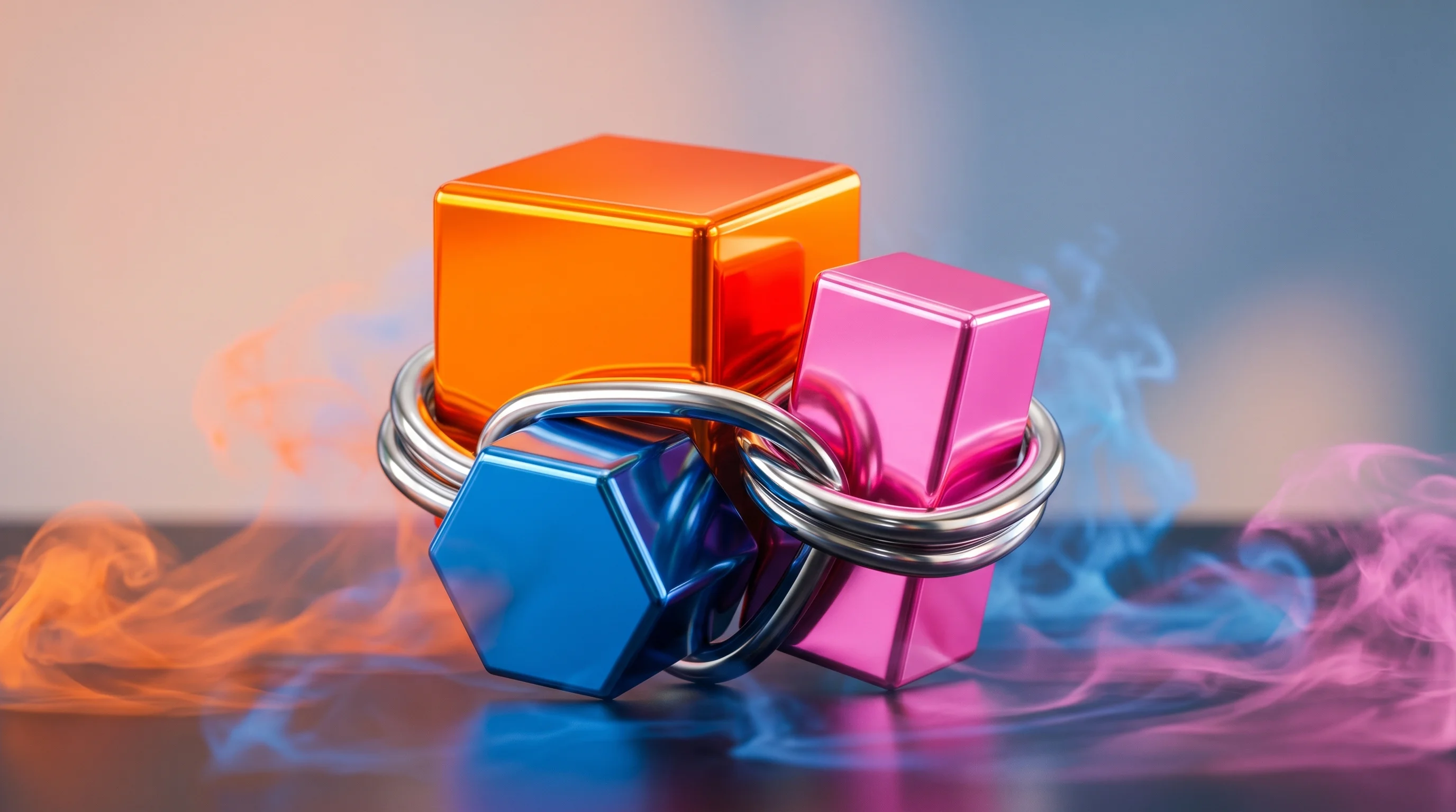 Digital illustration for article section "Locking Down the Periodic Table" in "Vulcan Elements Raises $65M to Break China's Rare-Earth Magnet Grip" - A striking, conceptual still life of three sleek, highly polished metallic geometric blocks represen...