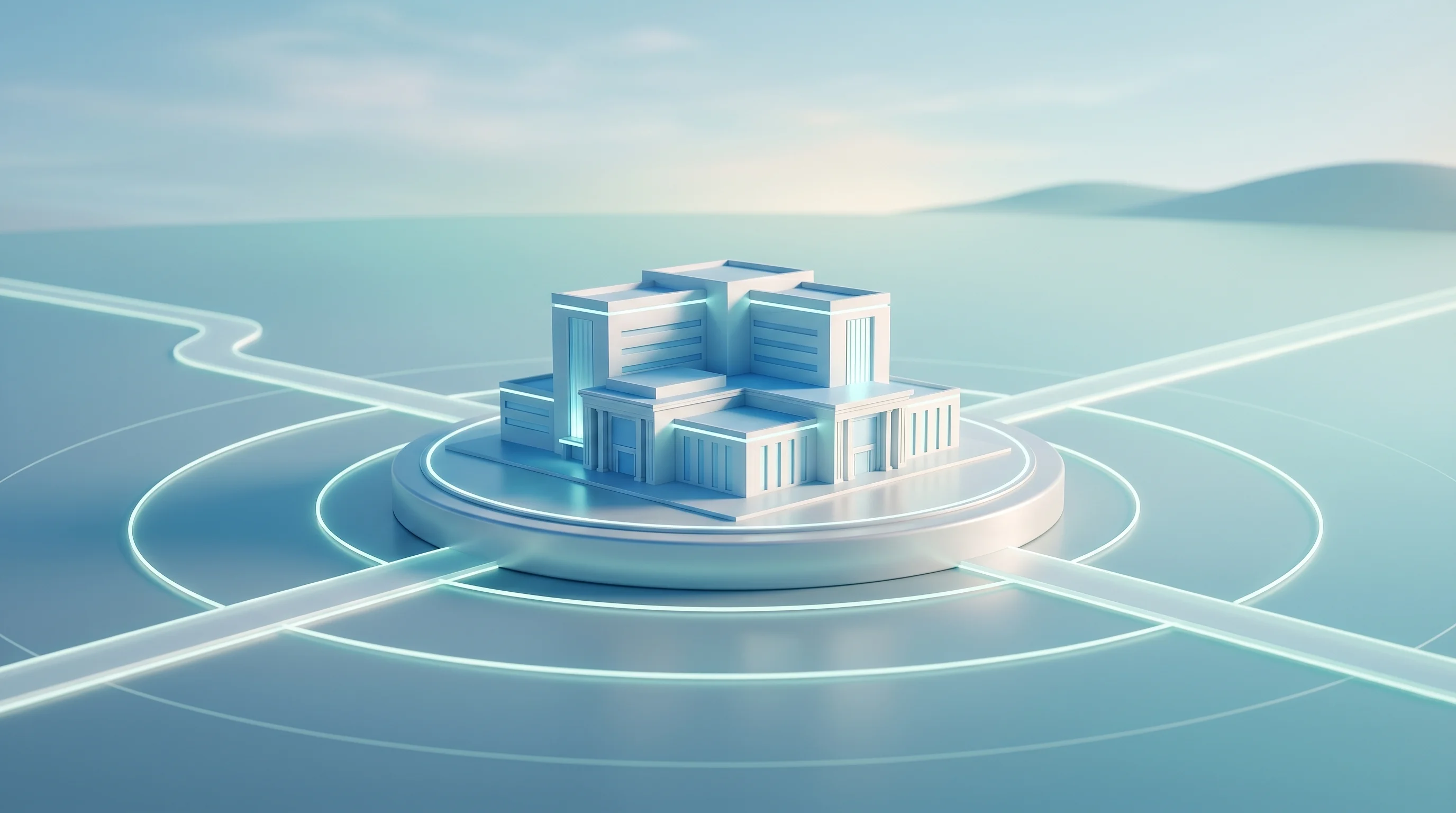 Digital illustration for article section "Jordan: A Test Case for Larger Ambitions" in "Aumet Raises $12M Series A to Scale AI Healthcare Procurement" - A clean, minimalist 3D conceptual rendering of a modern, geometric hospital building resting on a sm...