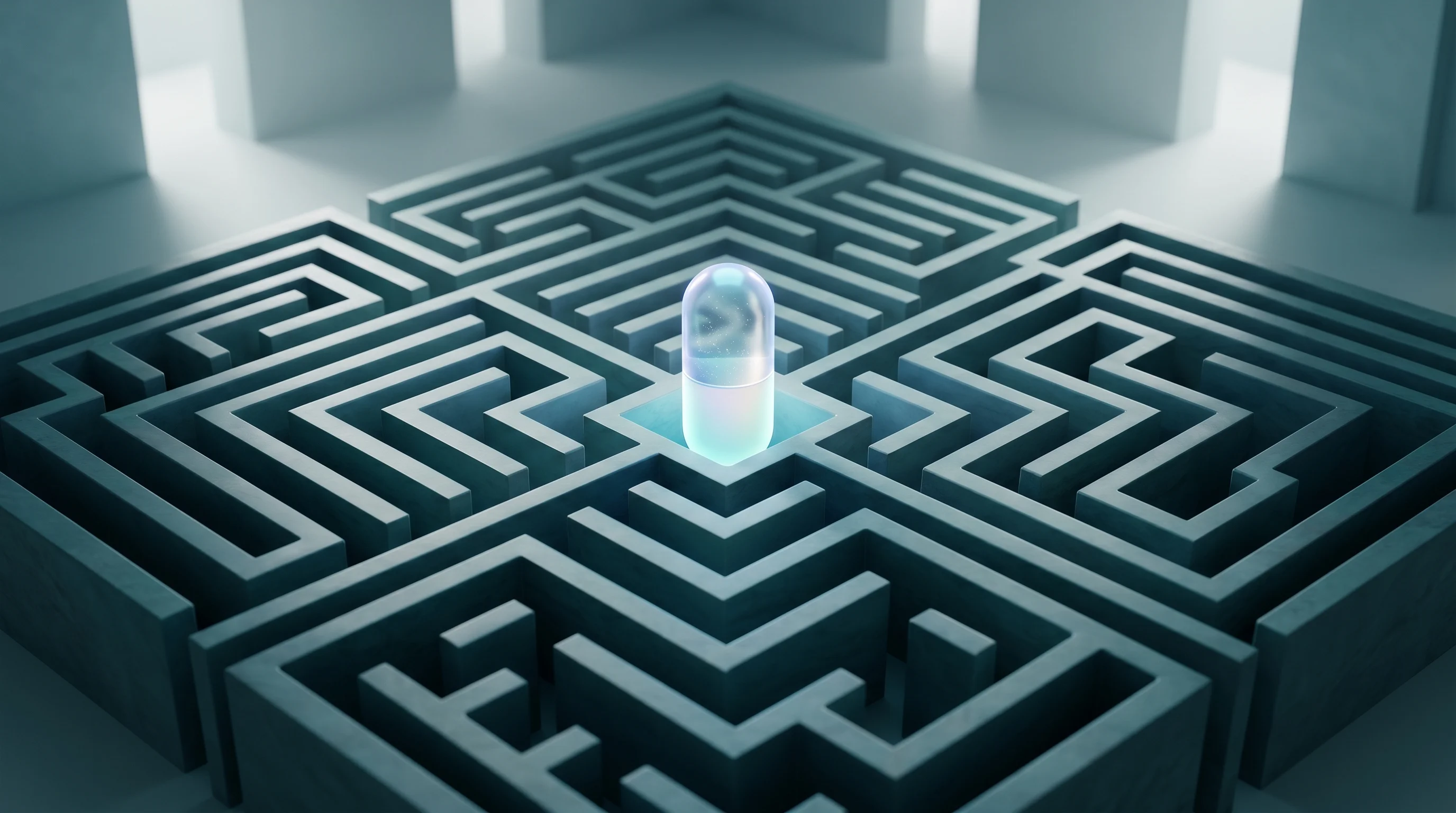 Digital illustration for article section "The Harder Part Ahead" in "Aumet Raises $12M Series A to Scale AI Healthcare Procurement" - A minimalist, futuristic 3D rendering of a sleek, glowing medical capsule seamlessly integrating int...