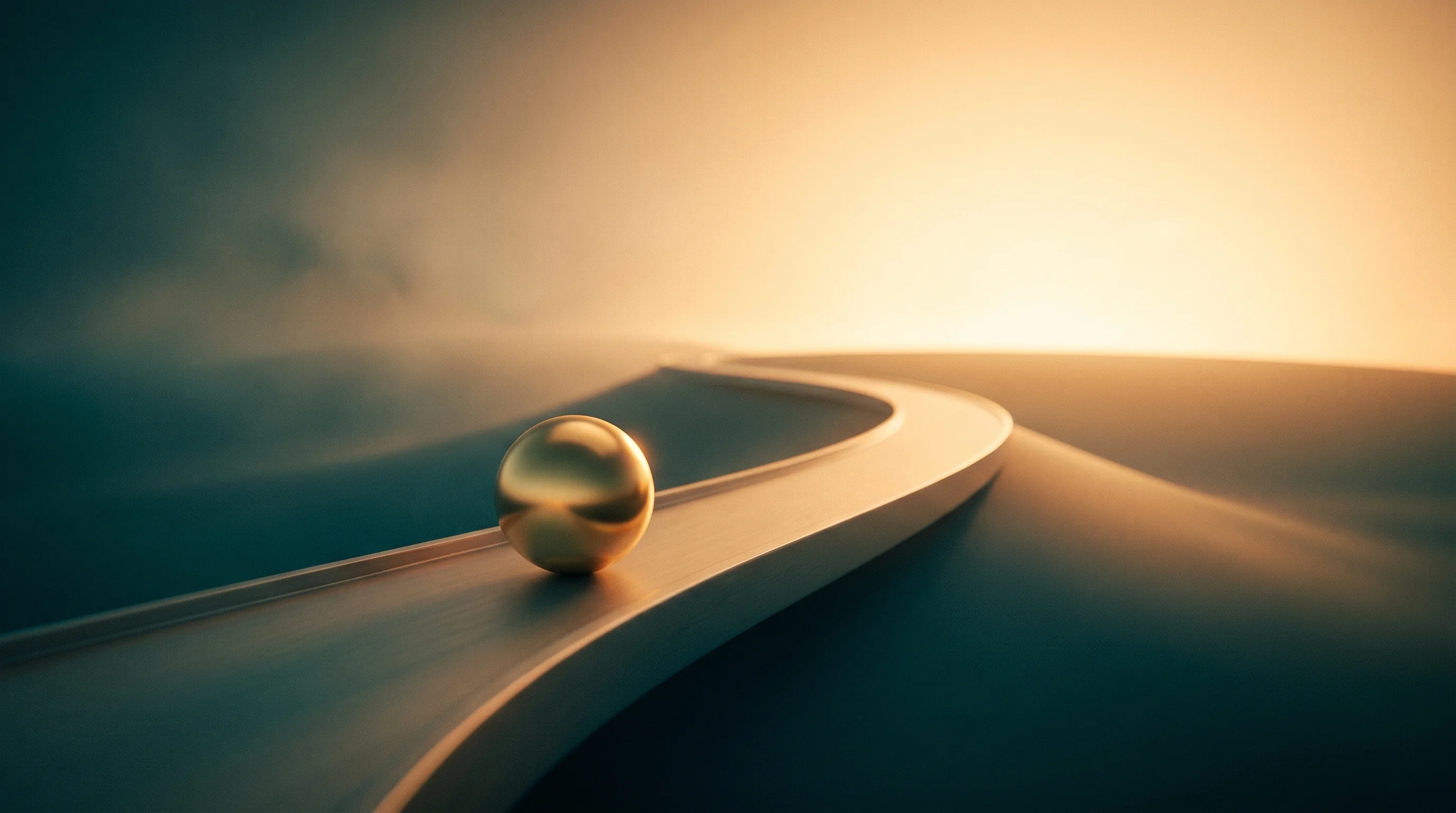 Digital illustration for article section "What Happens Next" in "Stitch Raises $25M Series A Led by a16z in First Gulf Investment" - A polished, modern golden geometric sphere moving smoothly along a sleek, sweeping architectural pat...