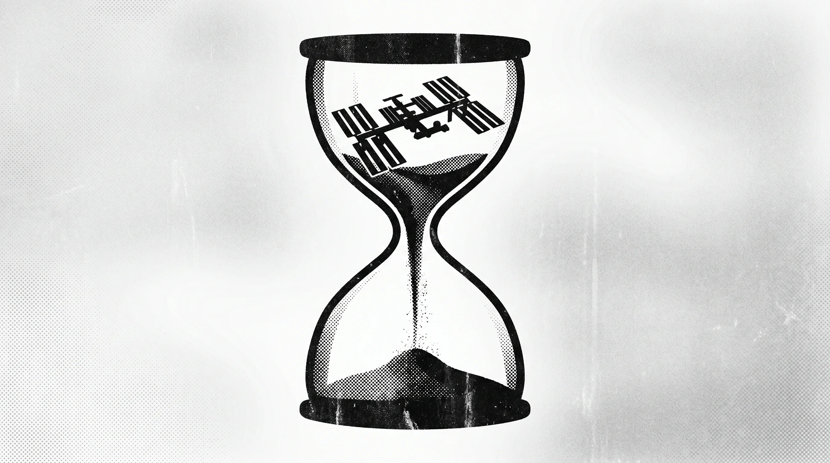 Digital illustration for article section "Racing Against the Clock—and the ISS Timeline" in "Space Robotics Startup Raises $6.1M to Tackle ISS Labor Crunch" - A striking, minimalist conceptual illustration of a sleek, abstract silhouette of the International ...