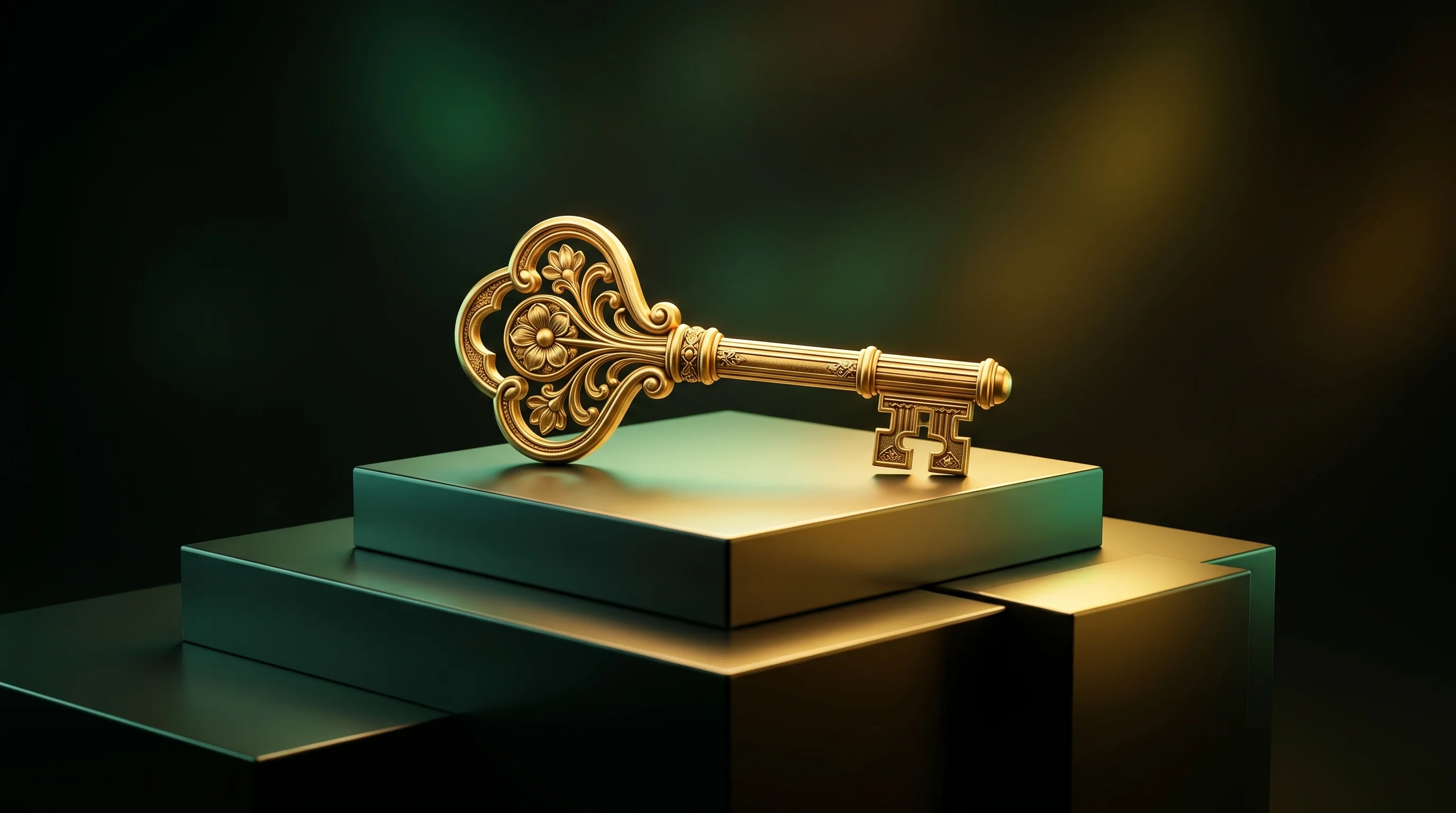 Digital illustration for article section "What It Costs—and What's Next" in "YC-Backed TesterArmy Launches AI Agent for Automated App Testing" - A single, elegant Art Nouveau golden key resting on a sleek, tiered geometric pedestal, symbolizing ...