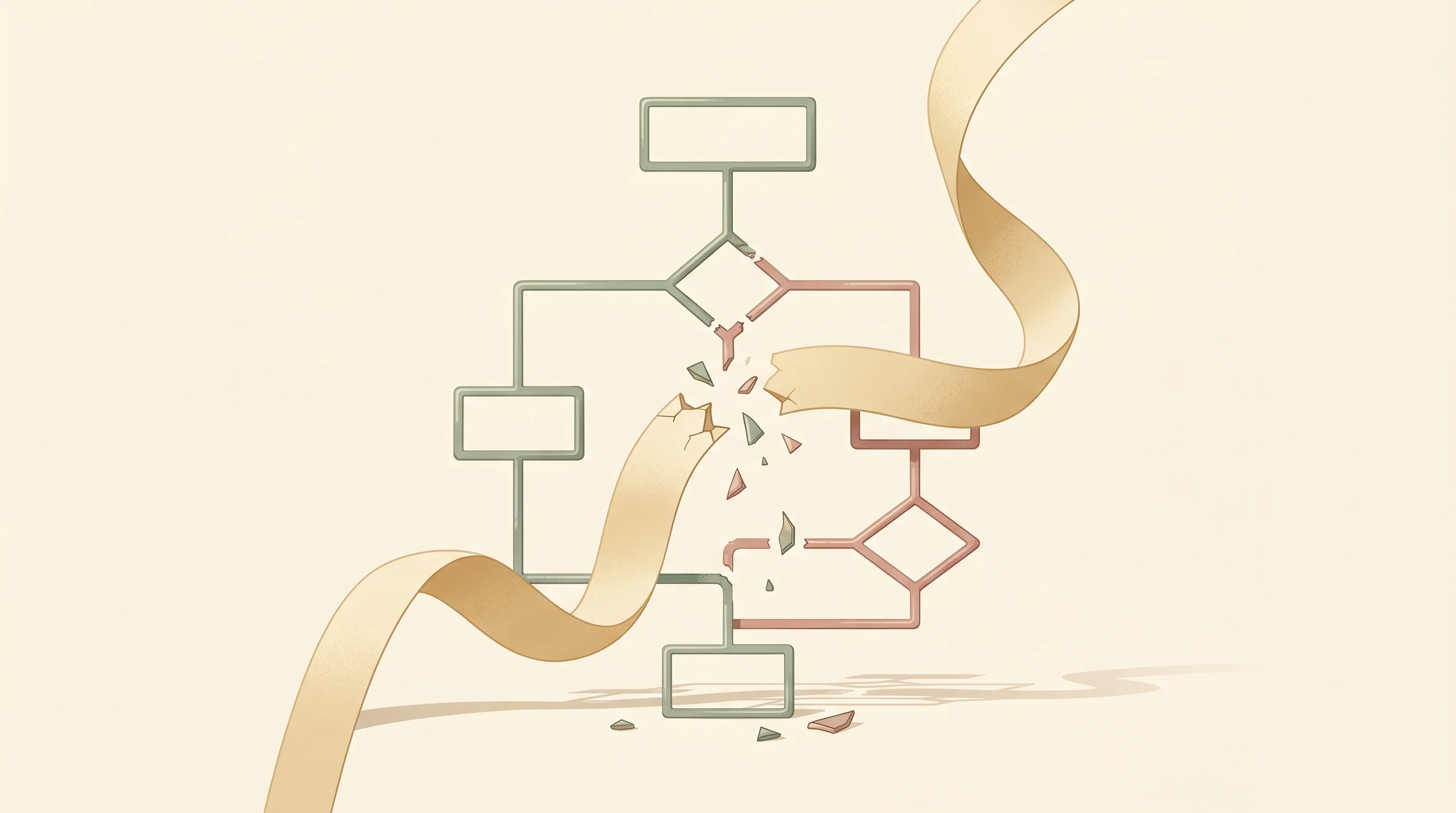 Digital illustration for article section "Not Your Father's RPA" in "Tasklet Raises $20M for Cloud Agent OS That Runs 24/7 on Your Data" - A conceptual, minimalist illustration of a rigid, fragile geometric flowchart made of thin, brittle ...