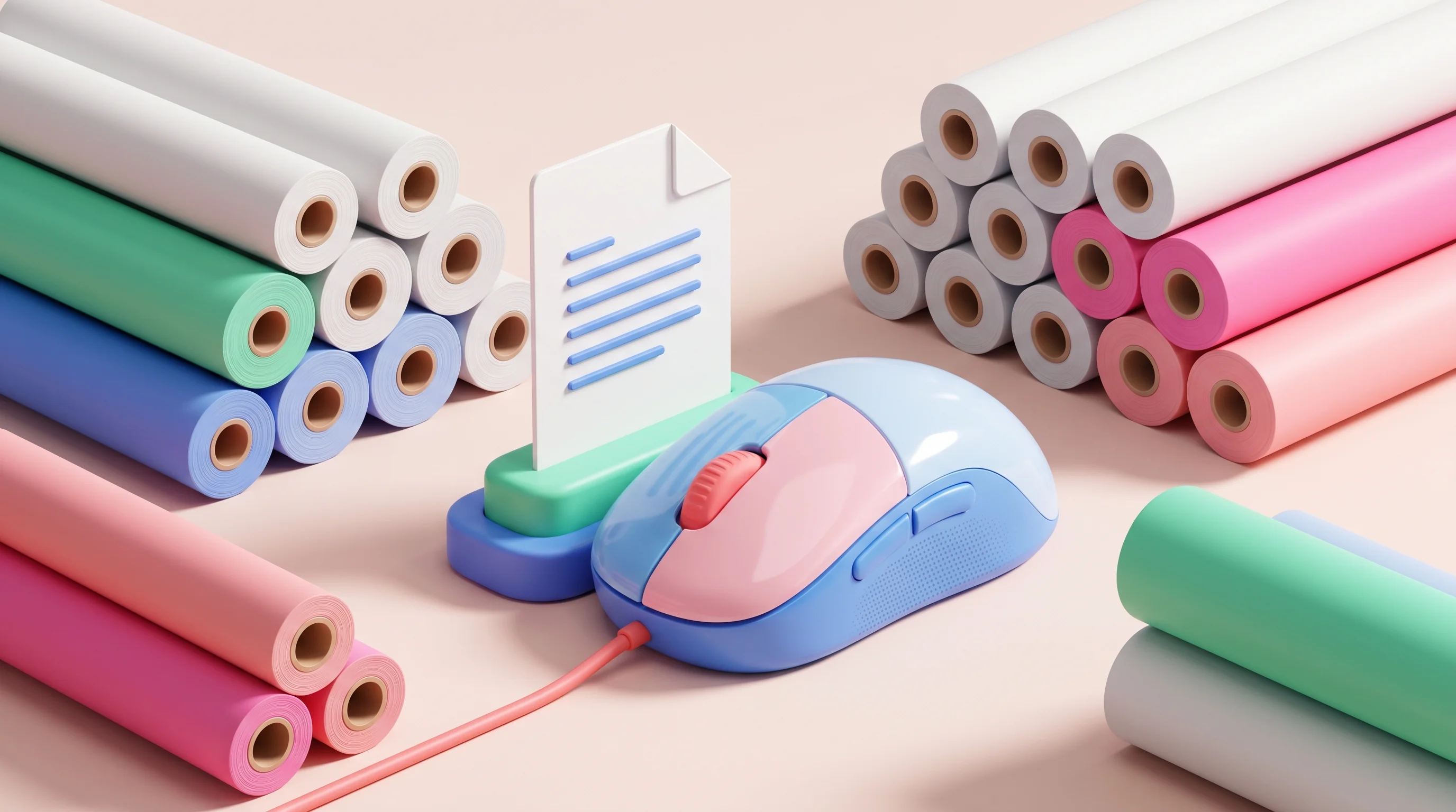 Digital illustration for article section "Milltown and the One-Click Quote" in "YC-Backed Arzana Automates Front-Office Work for Manufacturers" - A minimalist and surreal 3D pop art toy-style composition representing a lightning-fast "one-click q...