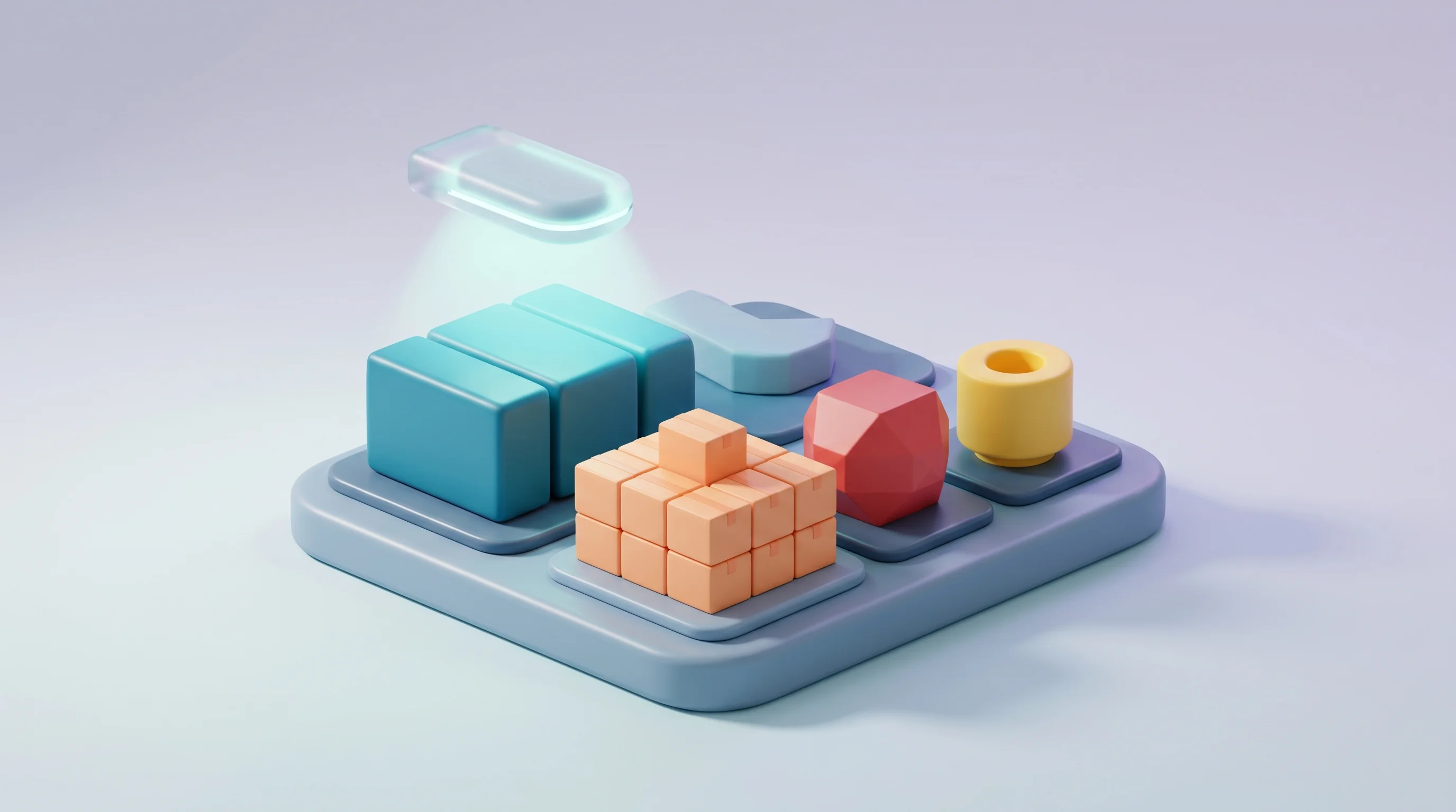 Digital illustration for article section "A Crowded Space, With Room to Maneuver" in "YC-Backed Arzana Automates Front-Office Work for Manufacturers" - A minimalist and conceptual 3D pop art scene representing the competitive but navigable landscape of...