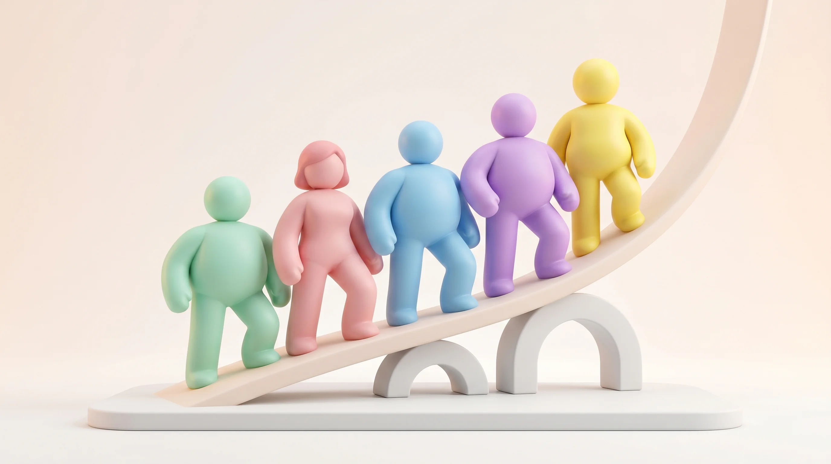 Digital illustration for article section "Team and Trajectory" in "YC-Backed Arzana Automates Front-Office Work for Manufacturers" - A minimalist and conceptual 3D pop art toy style illustration representing a startup team's growth a...