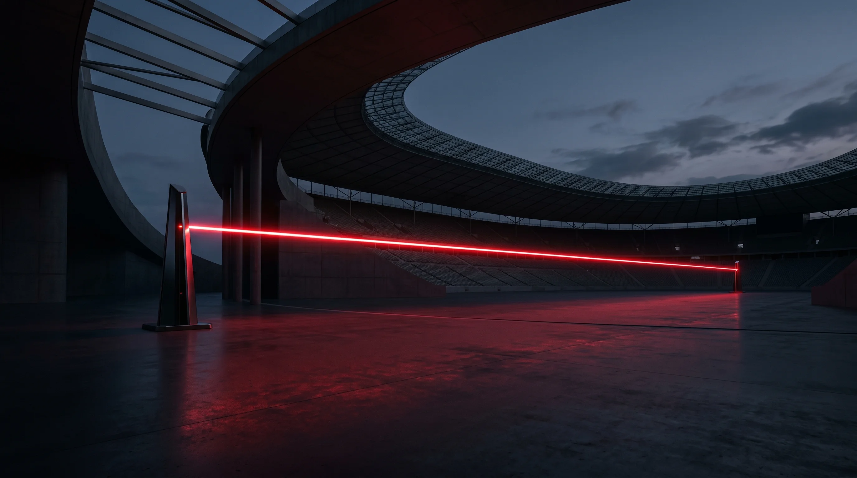 Digital illustration for article section "Building in Public, From Football Fields to Kennedy Space Center" in "Star Catcher Raises $65M to Build First Space Power Grid" - A striking, minimalist conceptual image capturing the transmission of energy across a vast, empty ar...