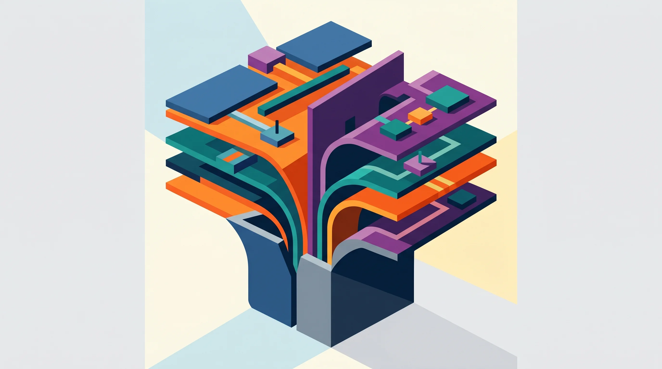 Digital illustration for article section "Separation of Concerns" in "Needle: 26M-Parameter Model Challenges Google's 270M Tool-Calling Spec" - A modern, abstract conceptual illustration representing the separation of concerns, featuring a larg...