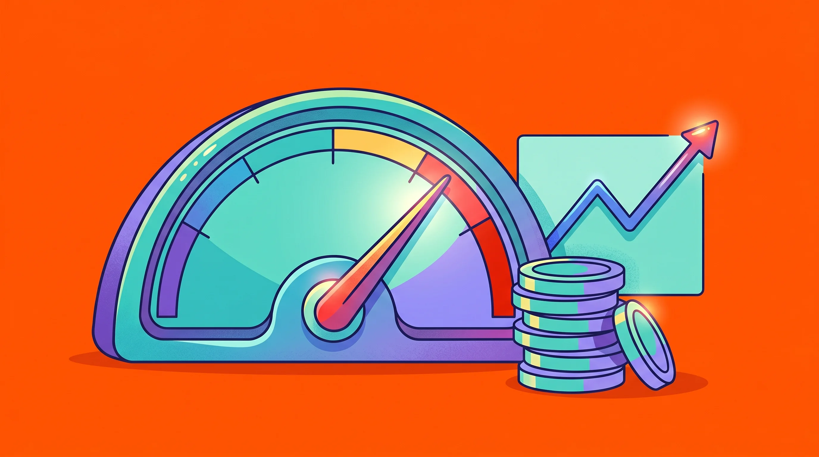 Digital illustration for article section "What Comes Next" in "The $725B GPU Waste Crisis: How Predictive Tools Unlock Idle Capacity" - A dynamic, stylized illustration of an oversized, expressive performance gauge with its needle pushi...