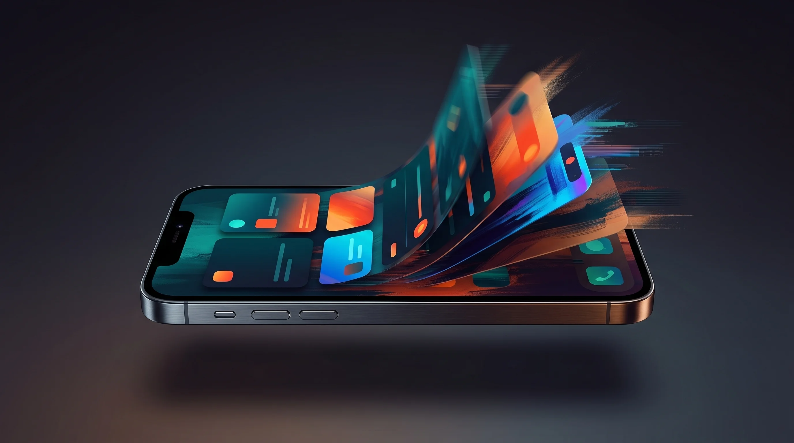 Digital illustration for article section "Iteration at Speed" in "YC-Backed Pops Launches AI-Powered Social Gaming Platform" - A sleek, modern smartphone floating in the center of a clean, uncluttered space, displaying minimali...
