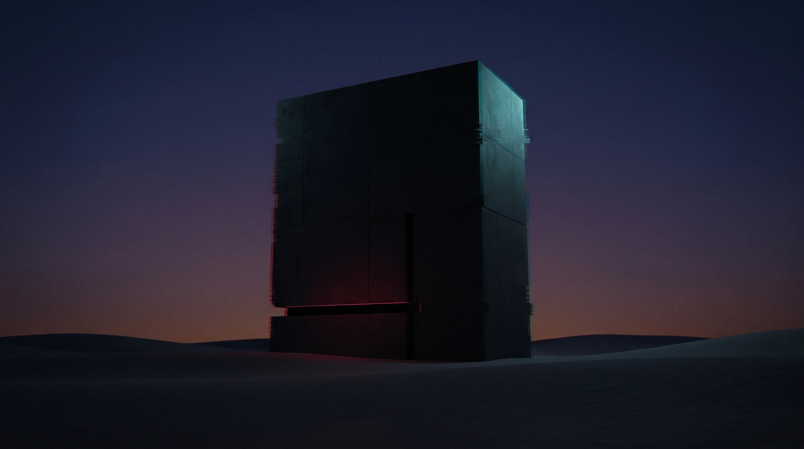 Digital illustration for article section "The Big Unknown" in "YC-Backed Pops Launches AI-Powered Social Gaming Platform" - A sleek, dark, minimalist architectural monolith rising quietly from a smooth, uncluttered landscape...