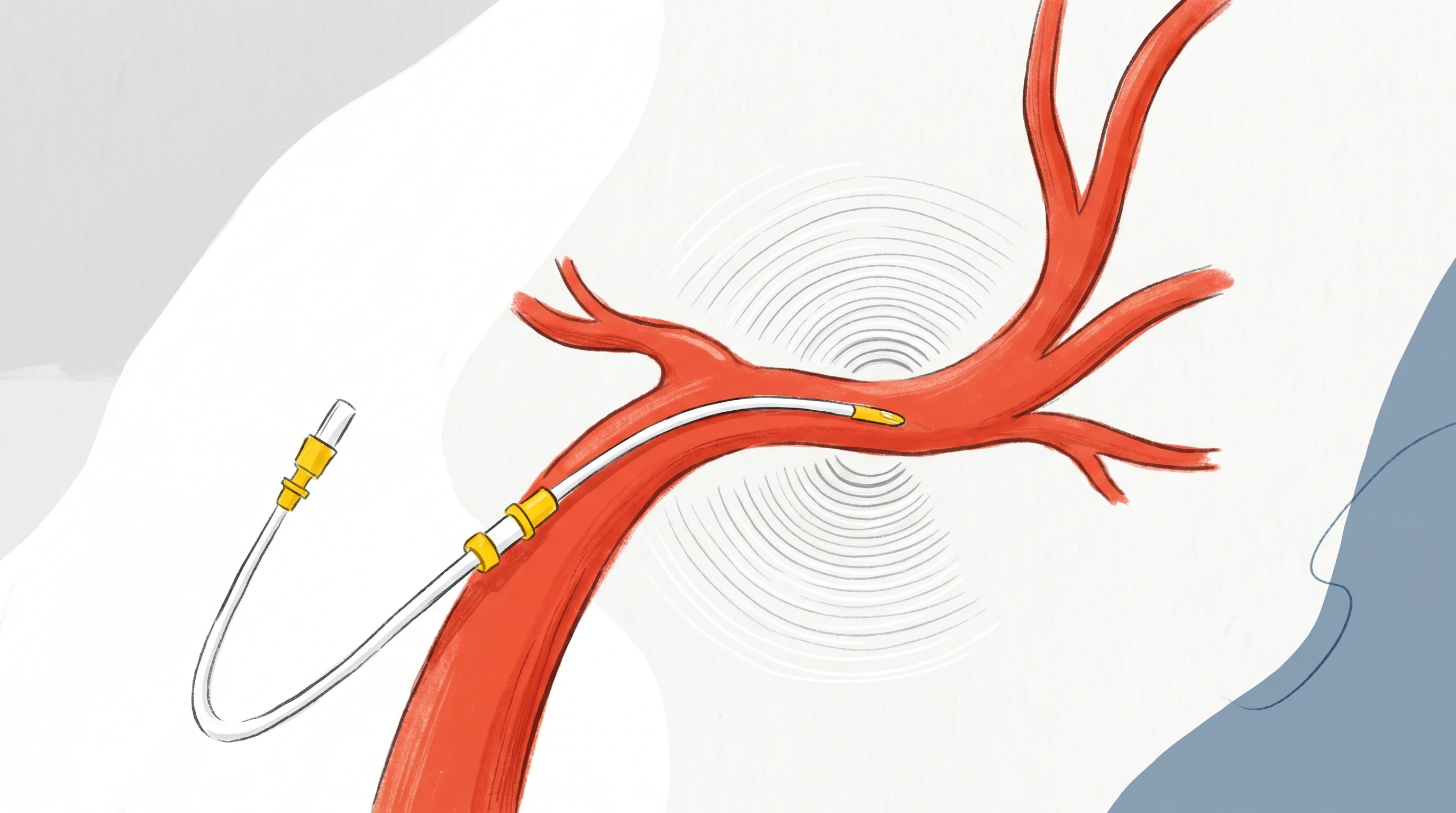 Digital illustration for article section "Vascular Access: The Wedge Market" in "YC-Backed Lumius Launches 3D Ultrasound Tech at Fraction of Cost" - A minimalist, hand-drawn conceptual illustration representing vascular access and central line place...