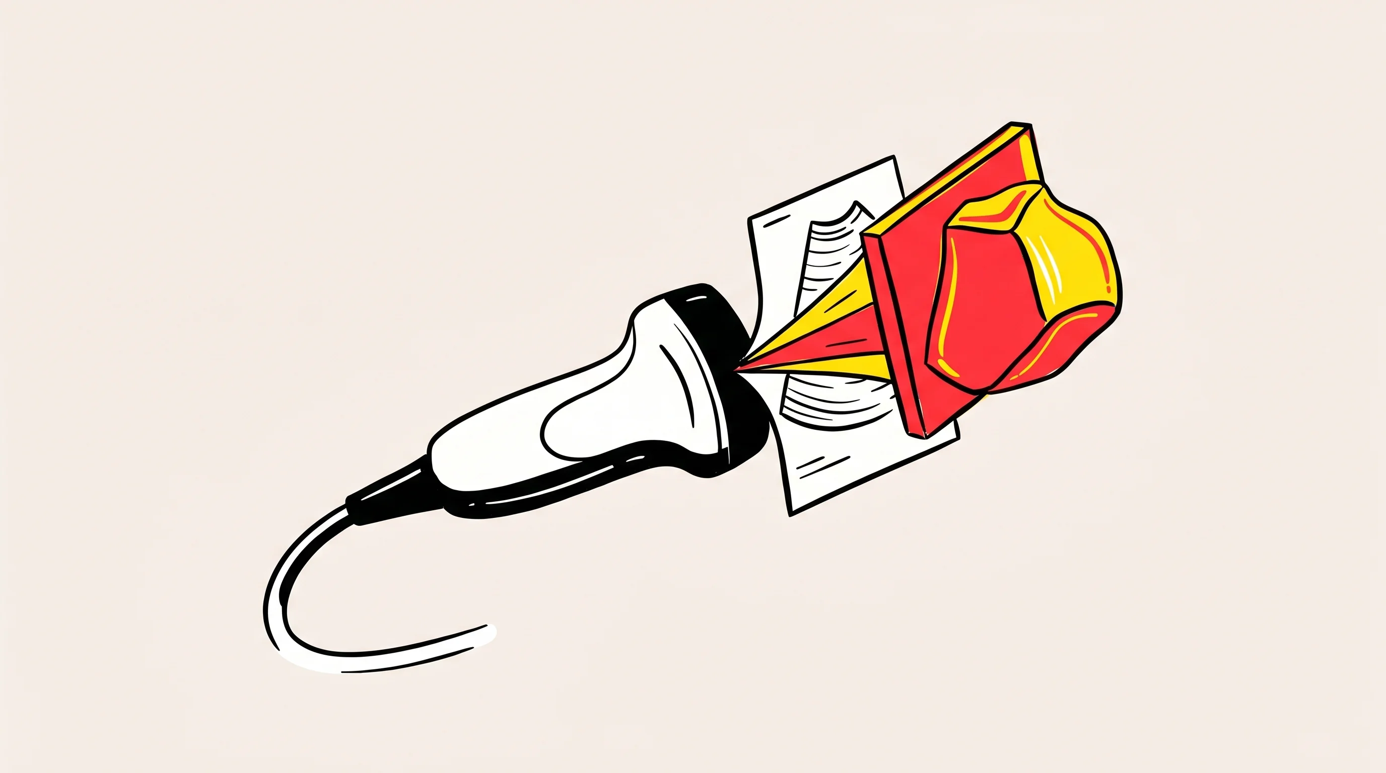 Digital illustration for article section "A Crowded Space, With Caveats" in "YC-Backed Lumius Launches 3D Ultrasound Tech at Fraction of Cost" - A minimalist hand-drawn illustration depicting a sleek medical ultrasound probe transforming a flat ...