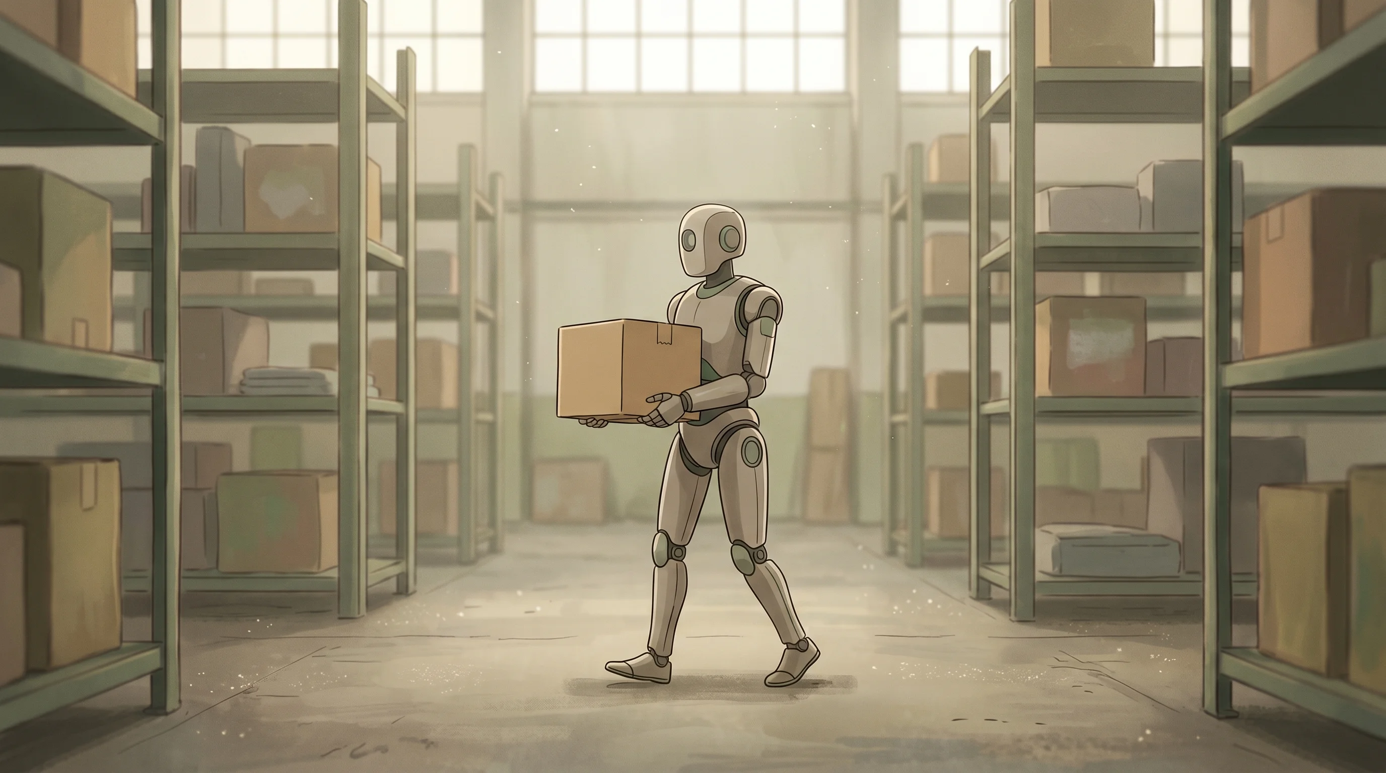 Digital illustration for article section "The Technical Question" in "Eden Robotics Brings RaaS Model to Manufacturing with Humanoid Bots" - A clean, minimalist bipedal robot gently carrying a single cardboard box down a quiet, subtly dusty ...