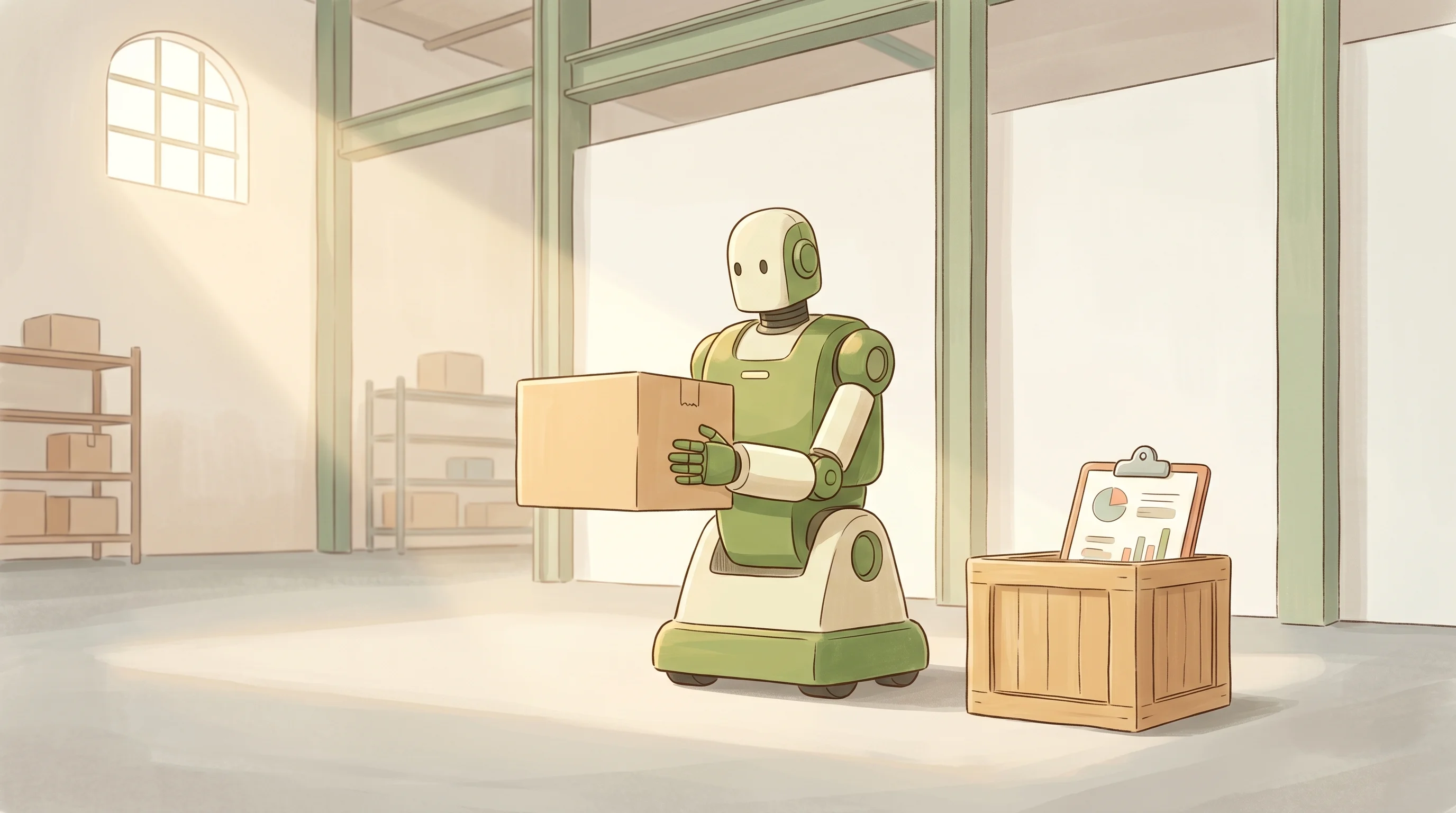 Digital illustration for article section "What Comes Next" in "Eden Robotics Brings RaaS Model to Manufacturing with Humanoid Bots" - A serene, minimalist illustration of a clean, modern industrial robot gently lifting a simple packag...